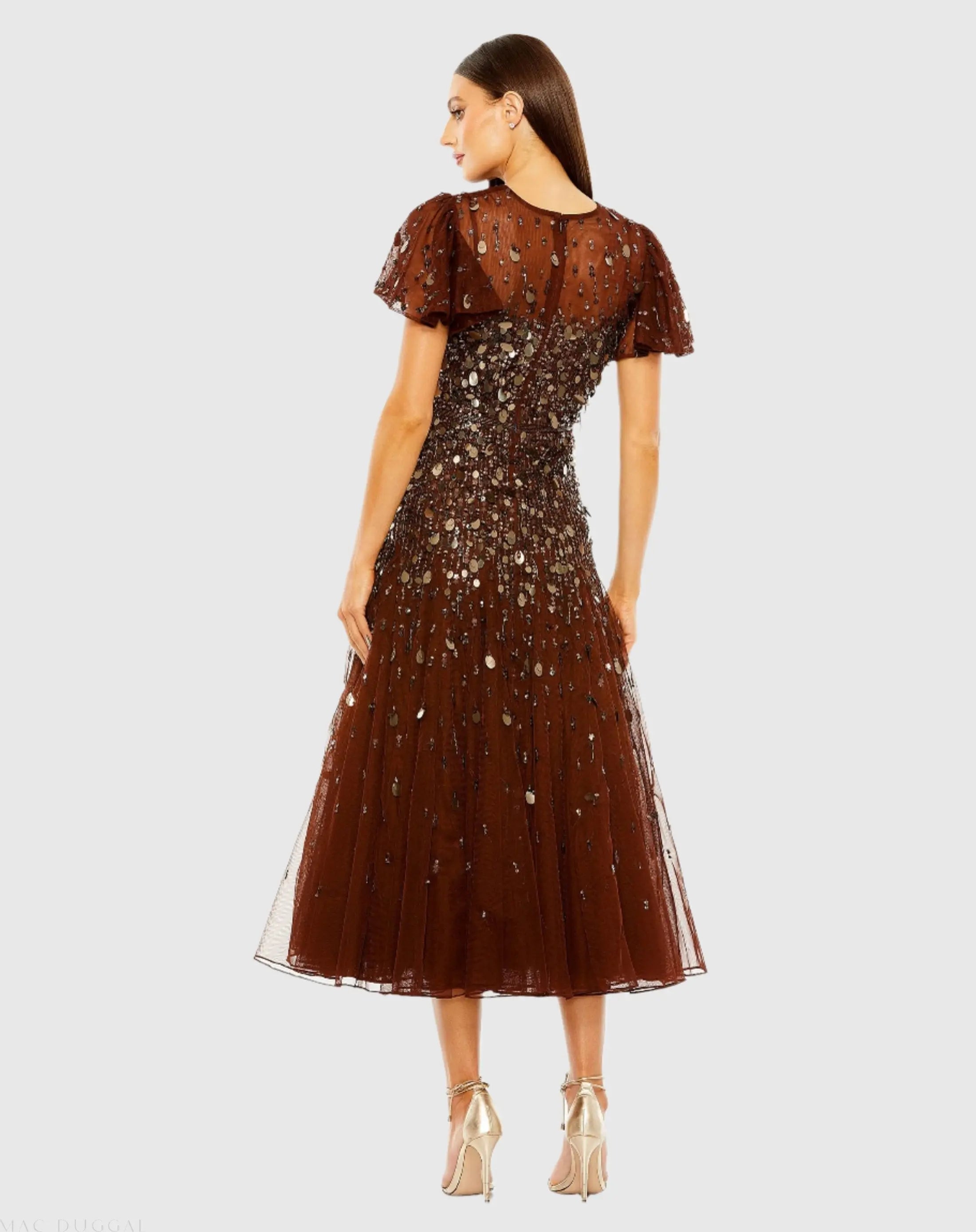 Brown High Neck Flutter Sleeve Beaded Dress-Myartka