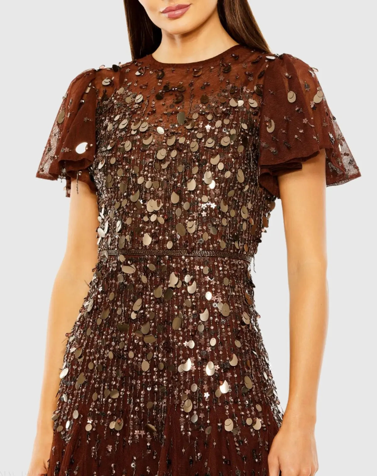 Brown High Neck Flutter Sleeve Beaded Dress-Myartka