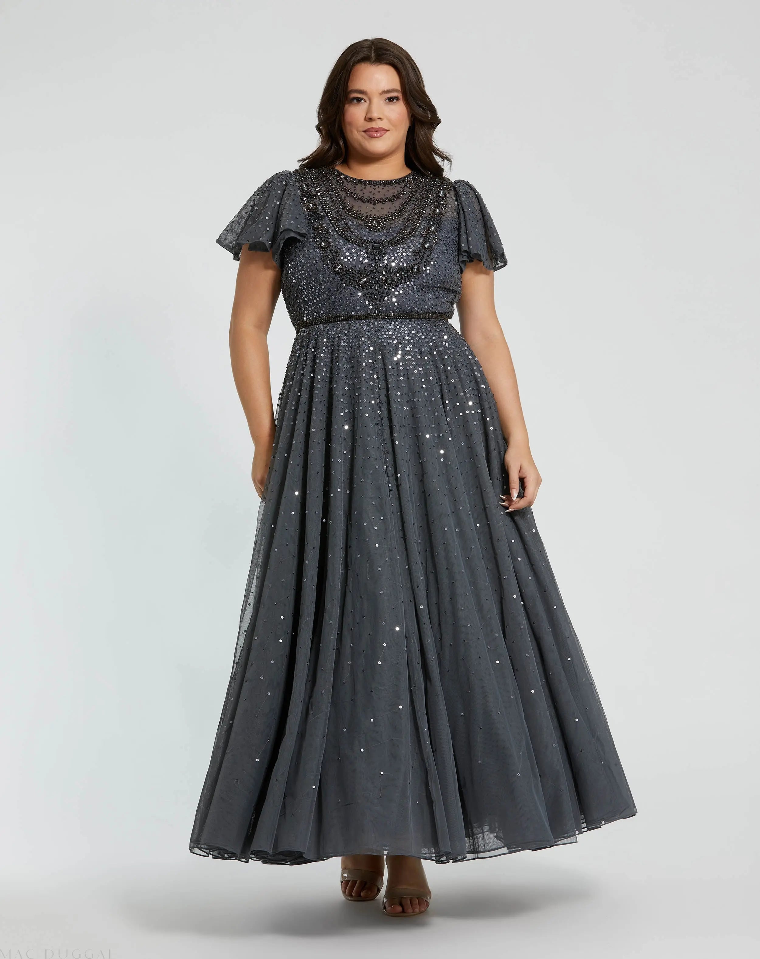 Gray Embellished Flutter Sleeve Evening Gown (Plus) - FINAL SALE-Myartka