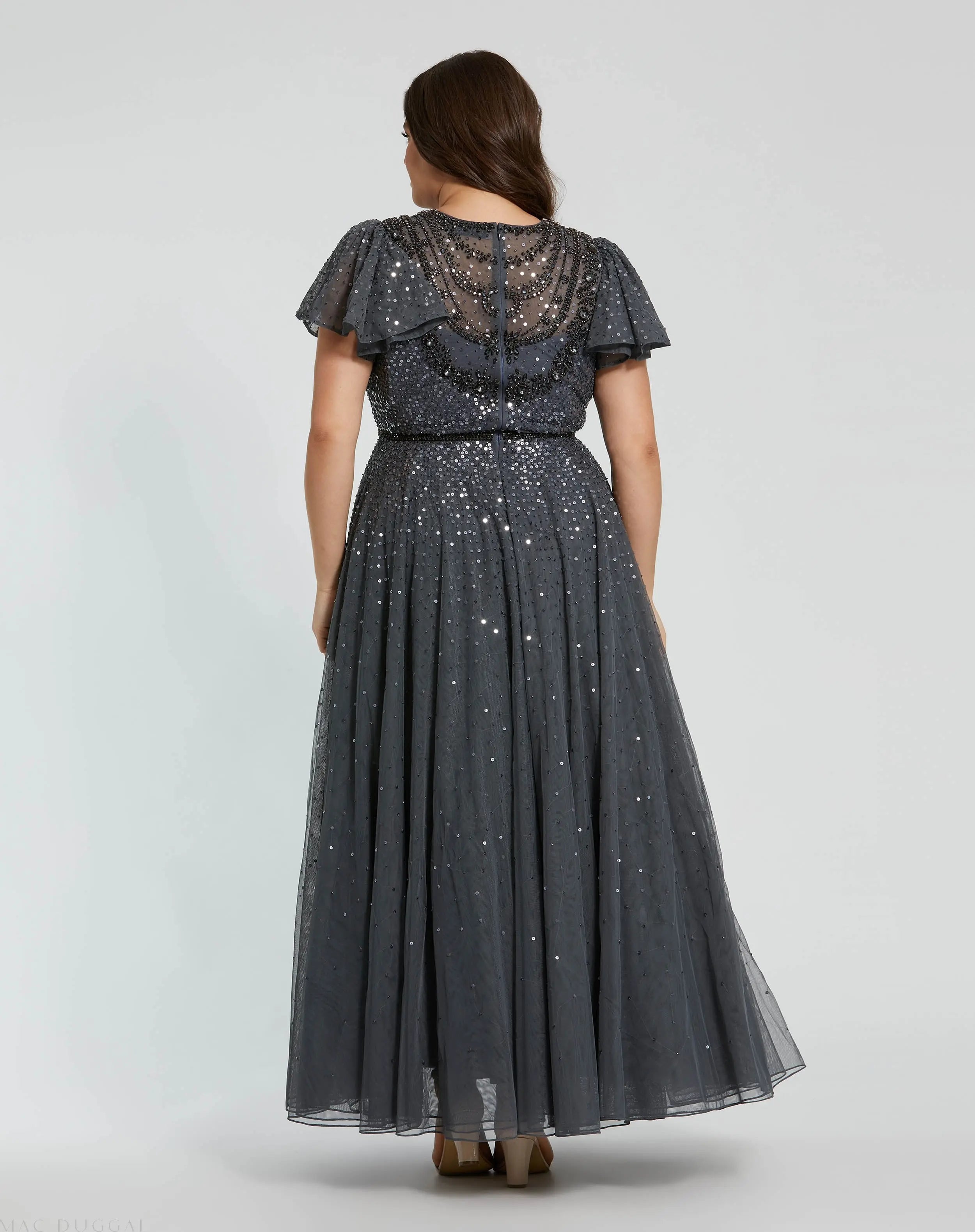 Gray Embellished Flutter Sleeve Evening Gown (Plus) - FINAL SALE-Myartka