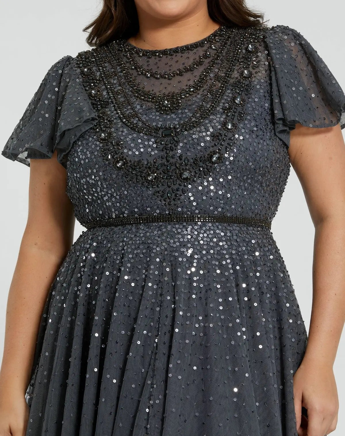 Gray Embellished Flutter Sleeve Evening Gown (Plus) - FINAL SALE-Myartka