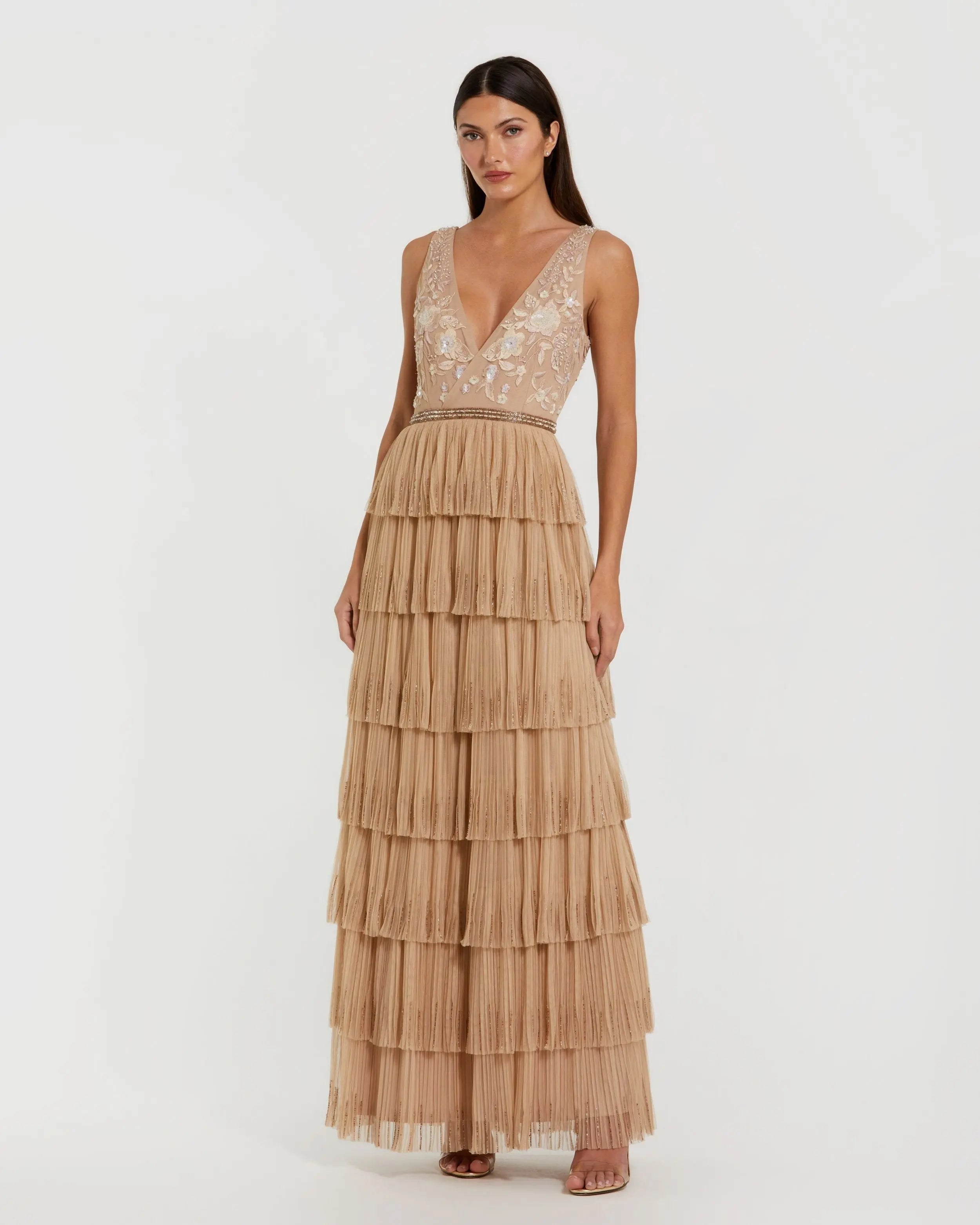Beige Beaded Mesh V Neck Gown With Tiered Ruffles-Myartka