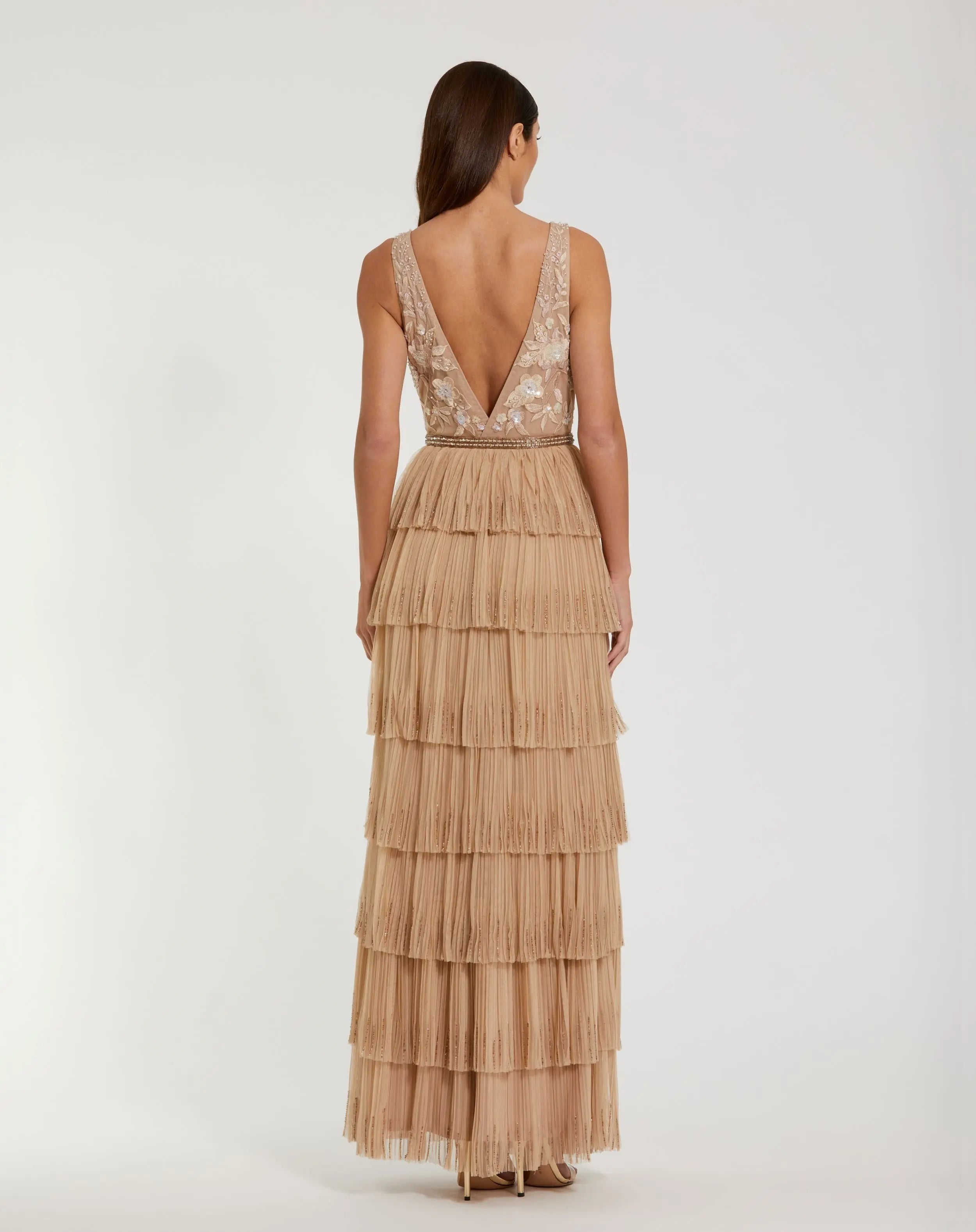 Beige Beaded Mesh V Neck Gown With Tiered Ruffles-Myartka
