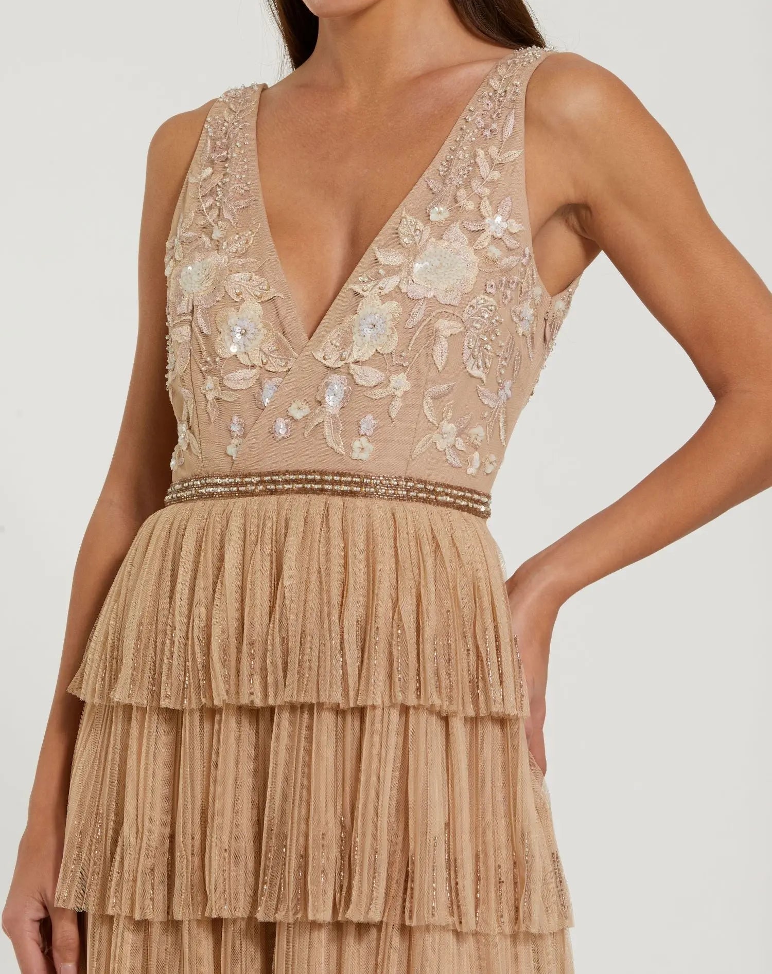 Beige Beaded Mesh V Neck Gown With Tiered Ruffles-Myartka