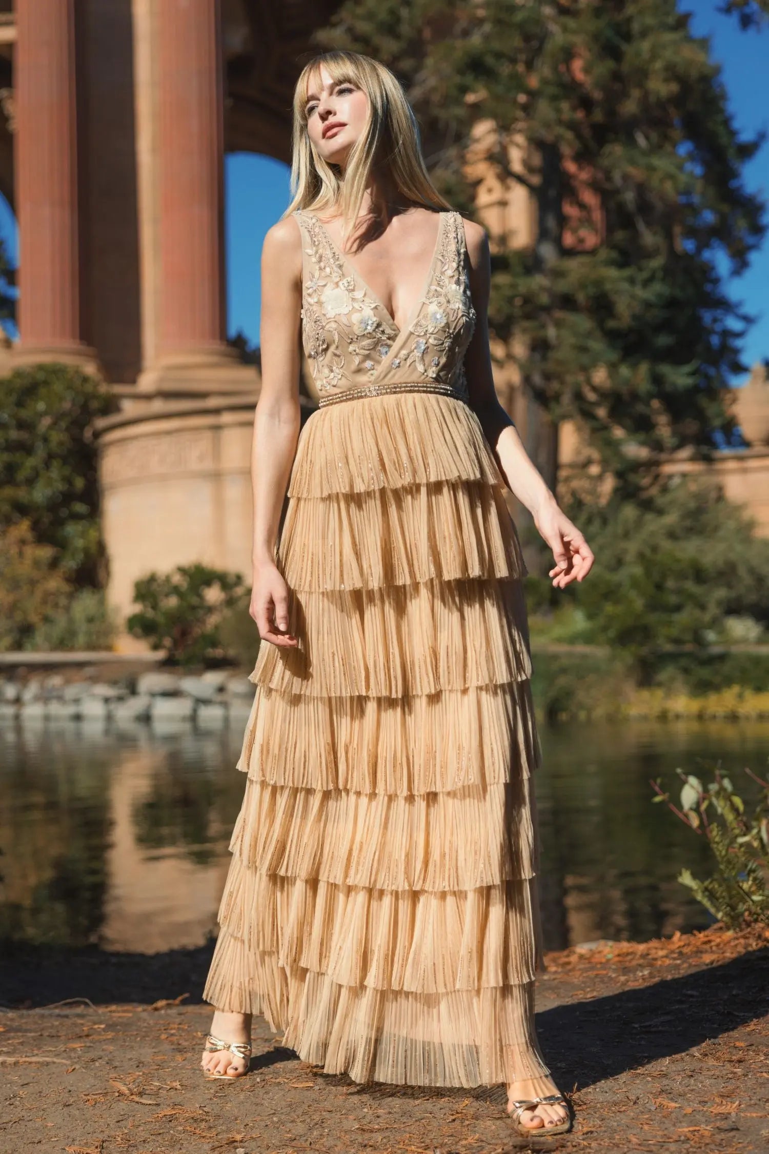 Beige Beaded Mesh V Neck Gown With Tiered Ruffles-Myartka