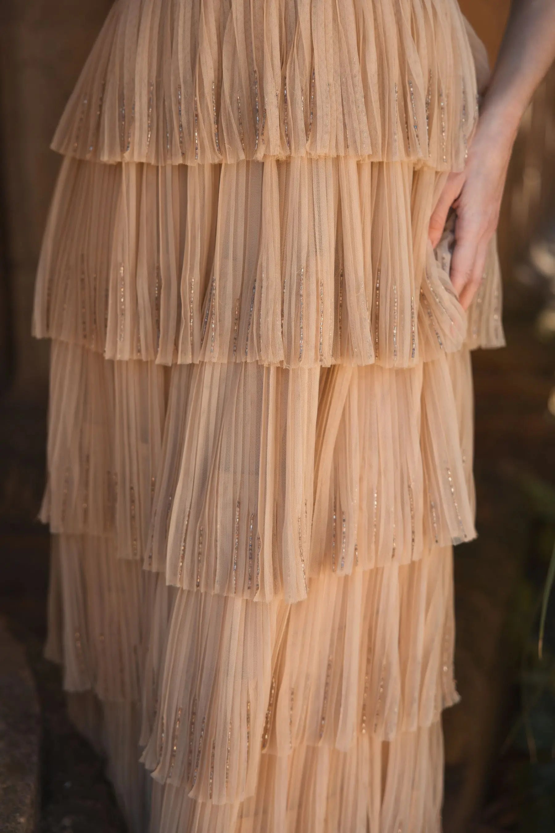 Beige Beaded Mesh V Neck Gown With Tiered Ruffles-Myartka