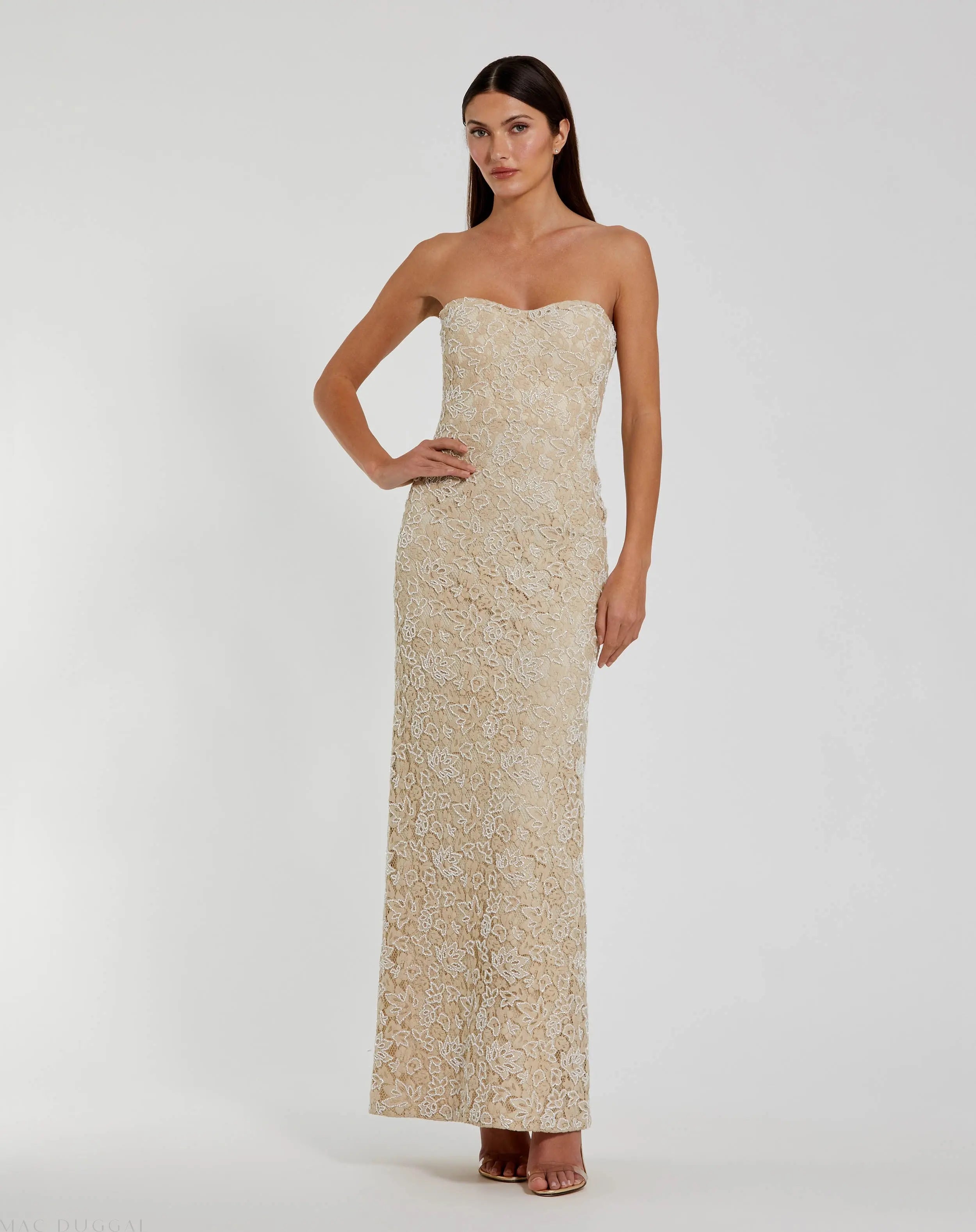 Beige Strapless Beaded Lace Fitted Column Gown-Myartka