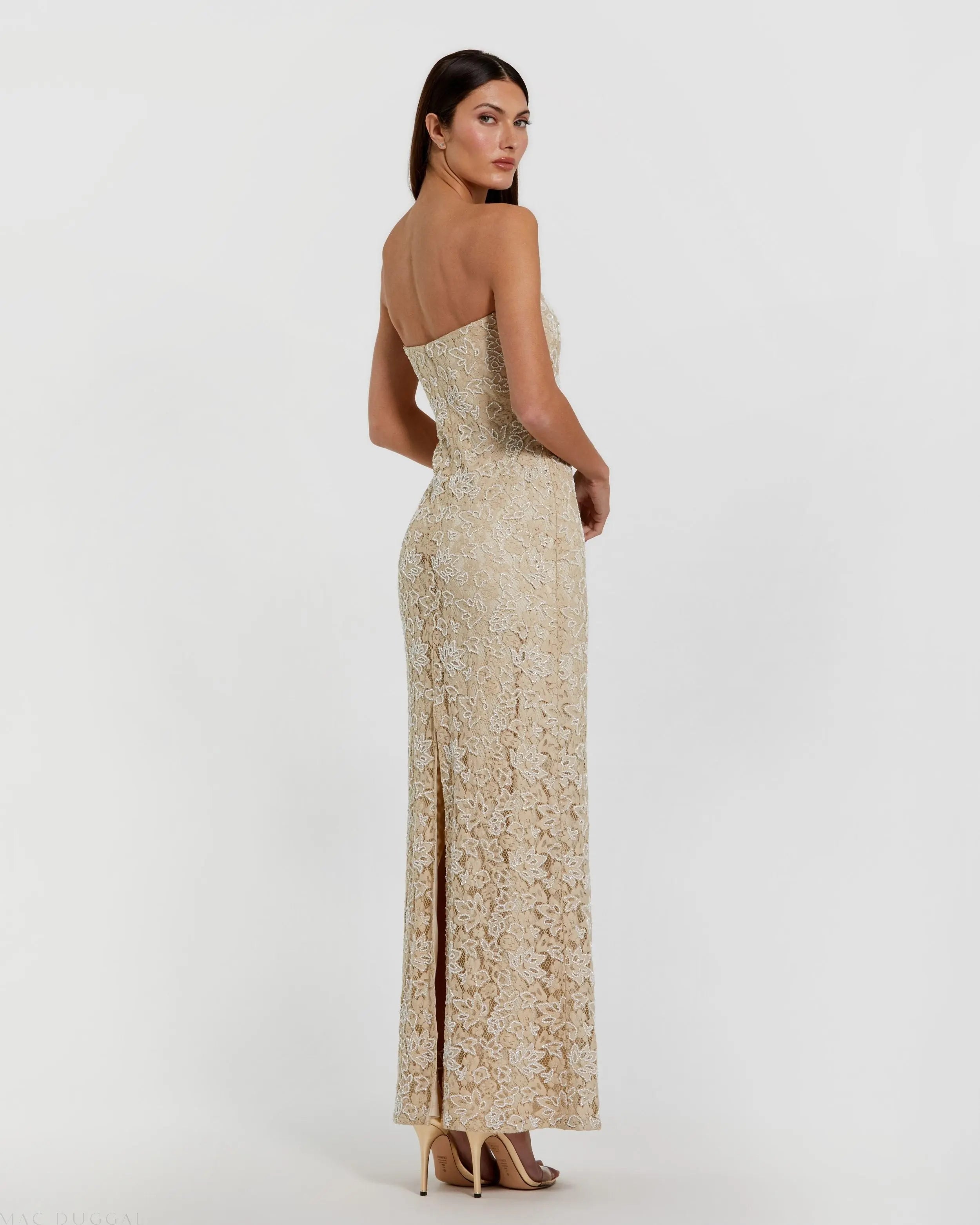 Beige Strapless Beaded Lace Fitted Column Gown-Myartka
