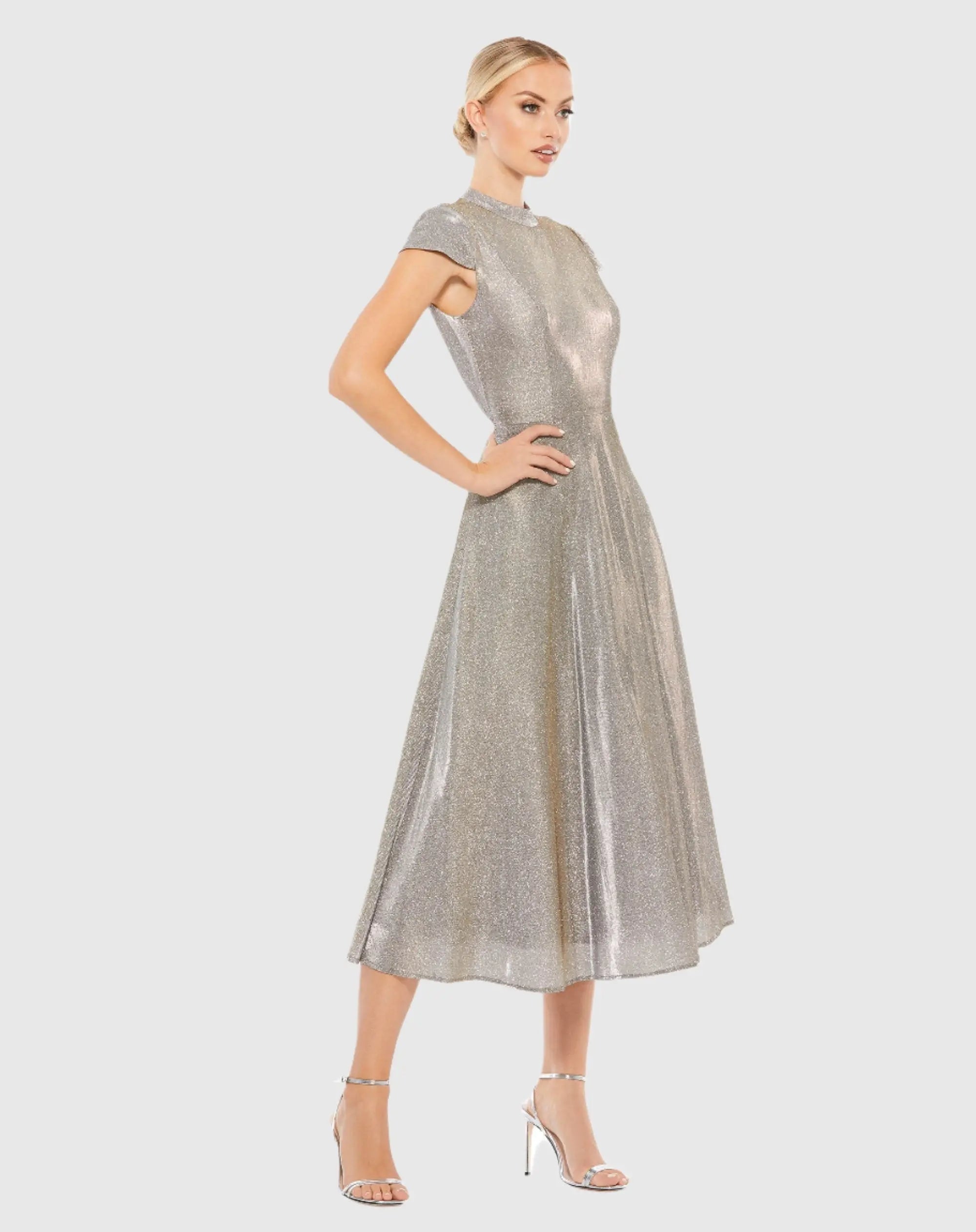 Silver Metallic Cap Sleeve Tea-Length Dress-Myartka
