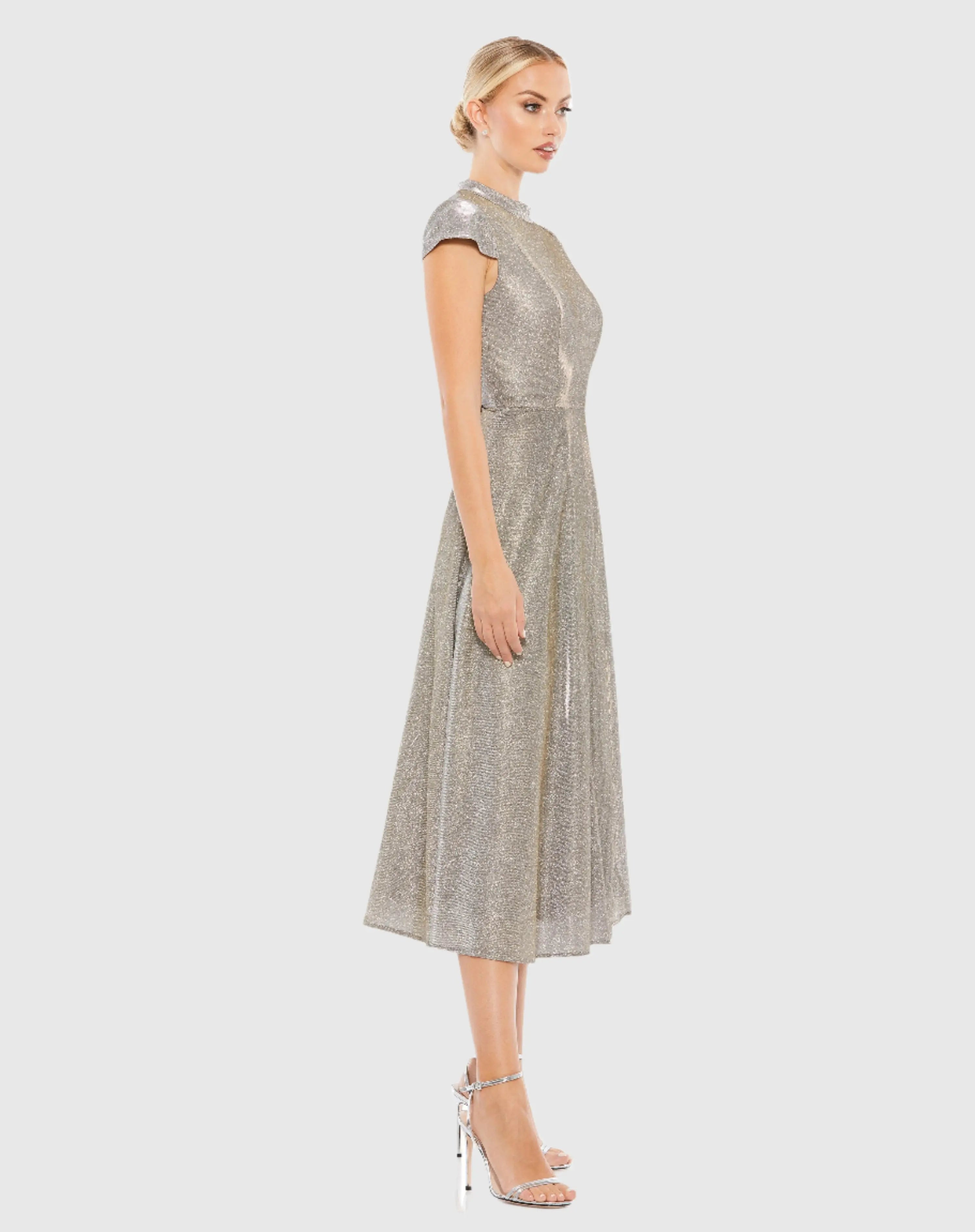 Silver Metallic Cap Sleeve Tea-Length Dress-Myartka