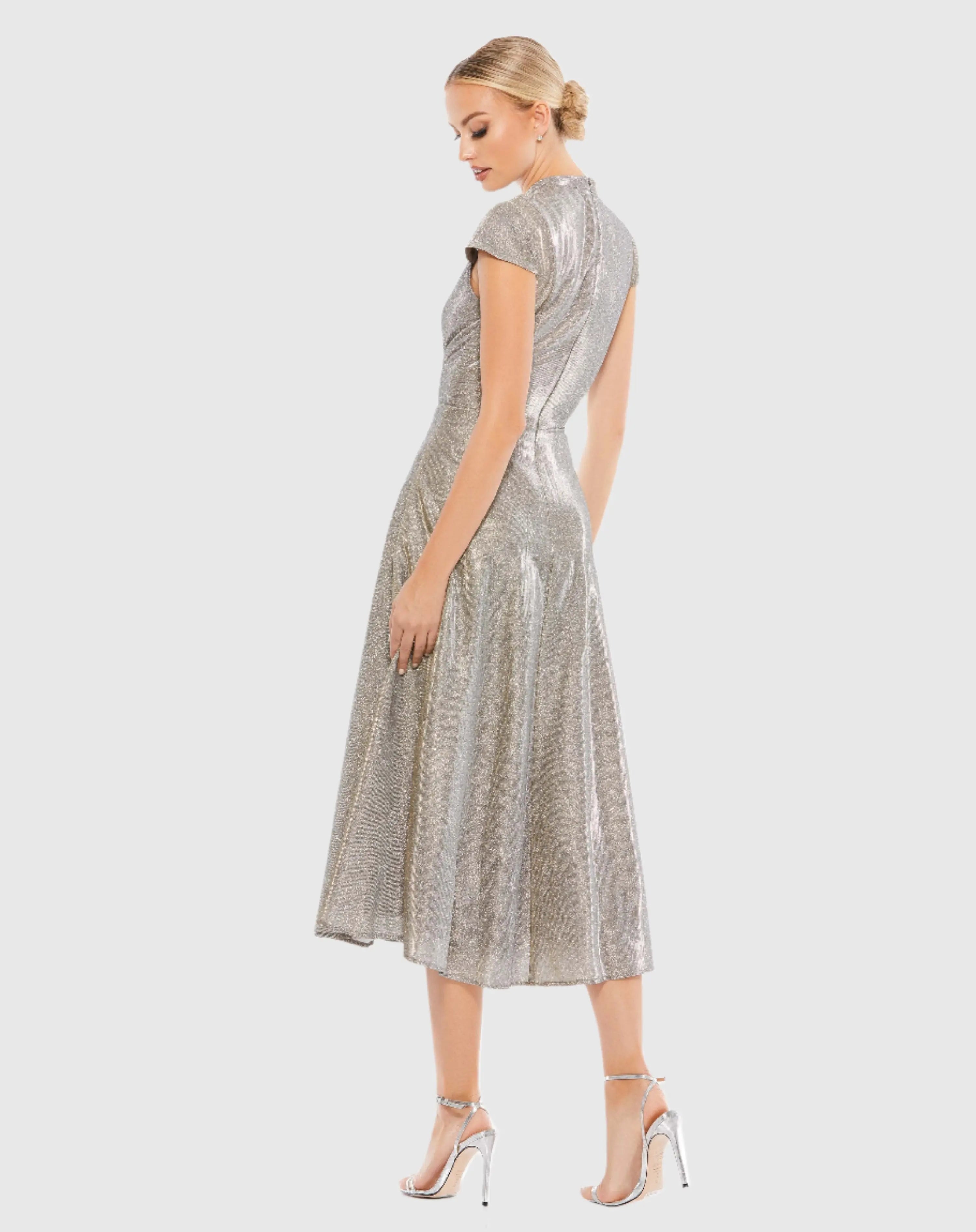 Silver Metallic Cap Sleeve Tea-Length Dress-Myartka