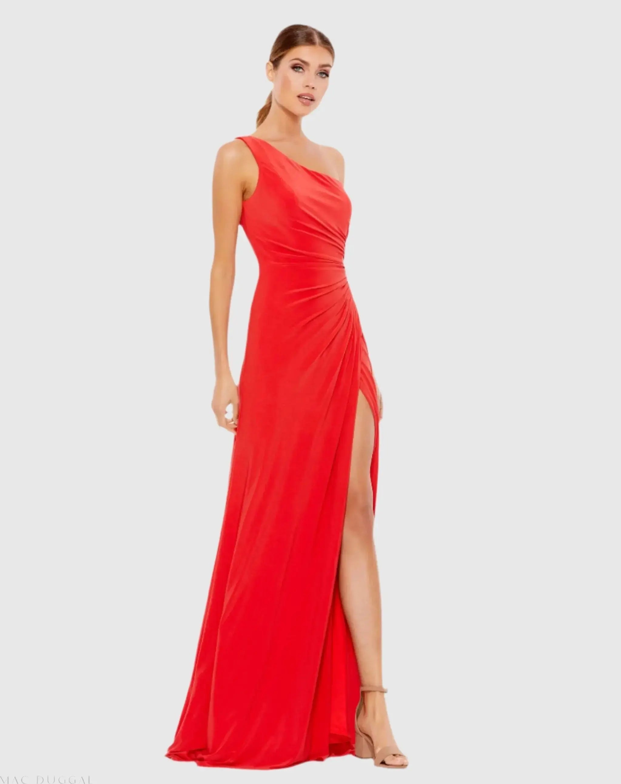 One Shoulder Ruched Jersey Evening Gown-Myartka