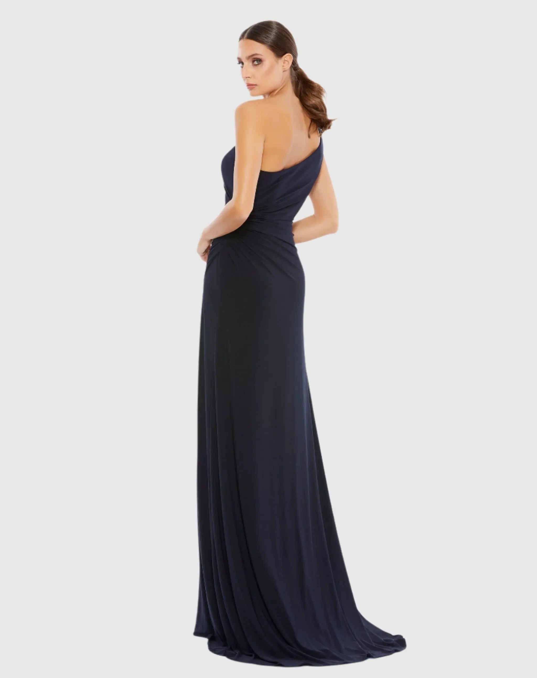 Navy One Shoulder Ruched Jersey Evening Gown-Myartka