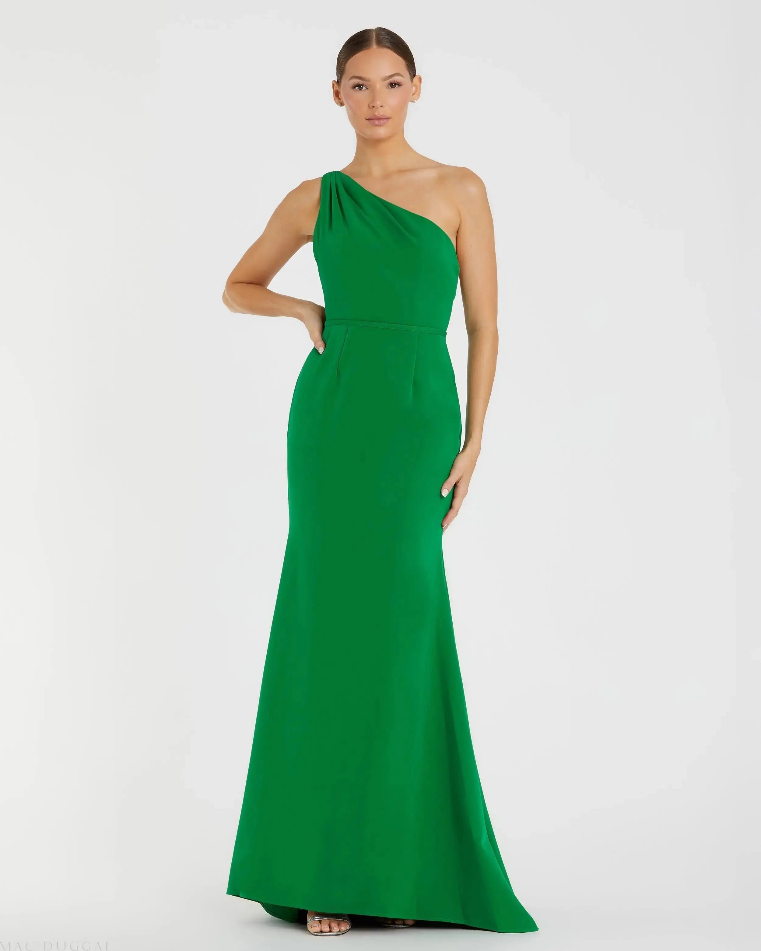 Green One Shoulder Crepe Mermaid Gown-Myartka