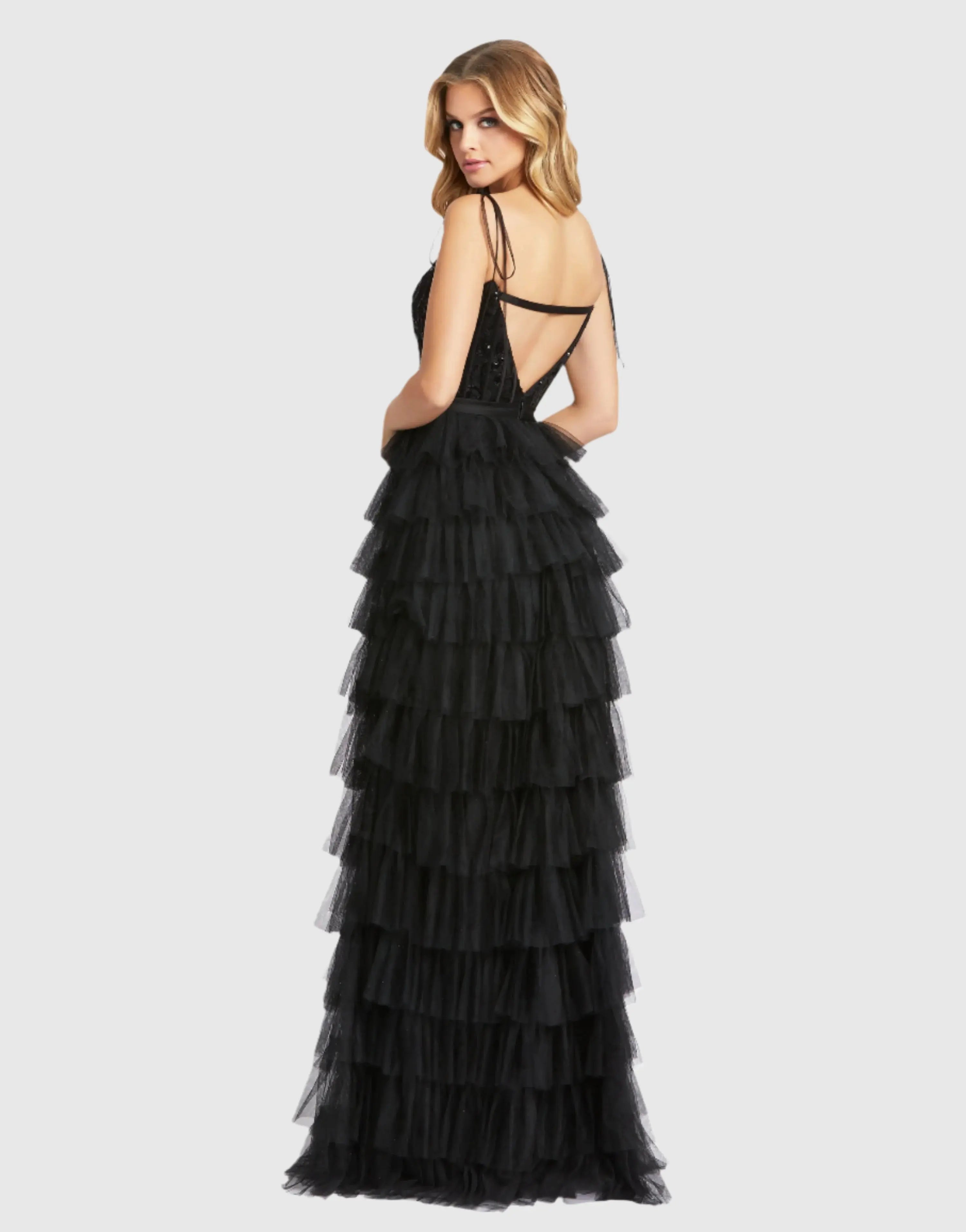 Black Sequined Bustier Tiered Ruffle Gown - FINAL SALE-Myartka