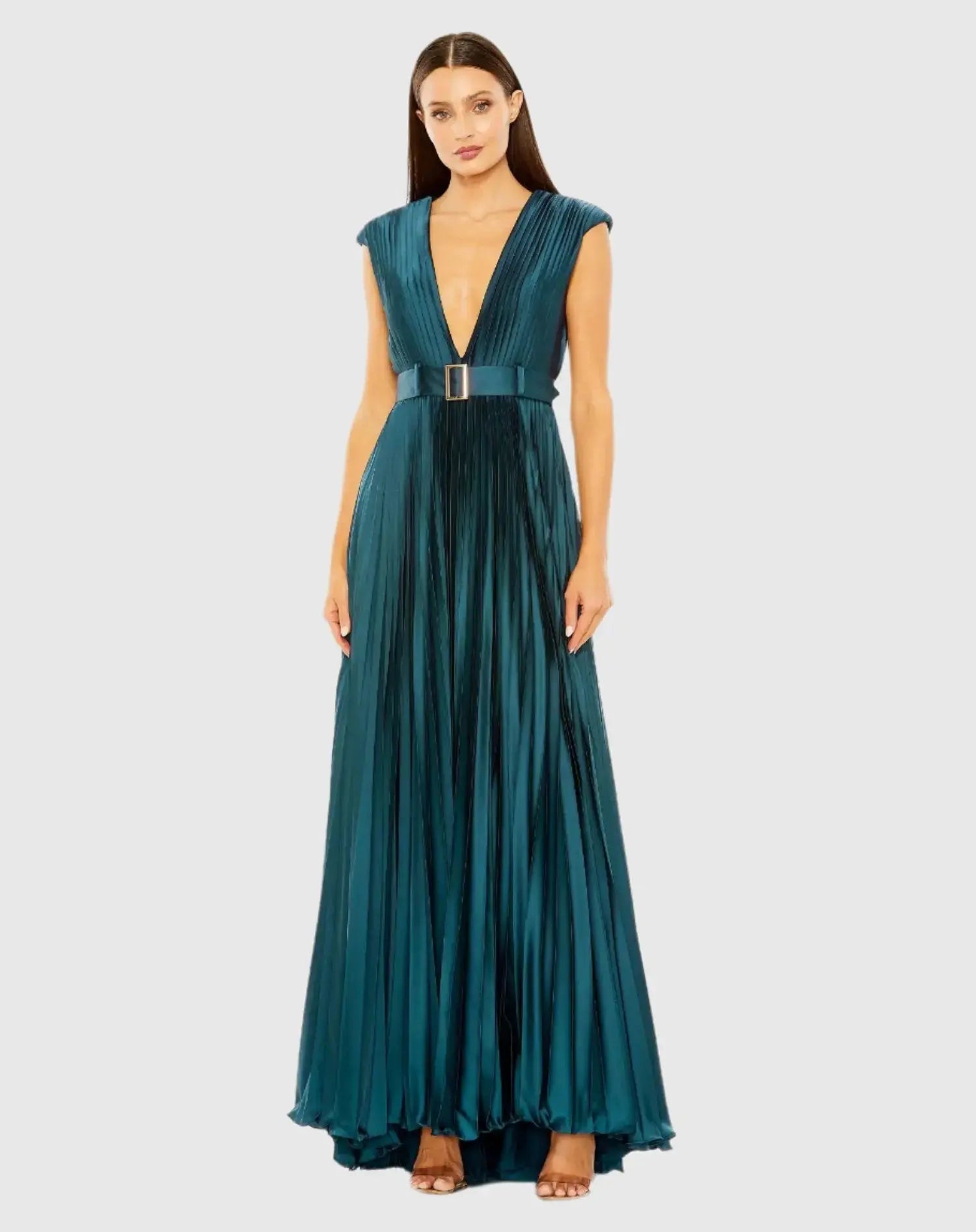 Blue Pleated Plunge Neck Belted A Line Gown-Myartka
