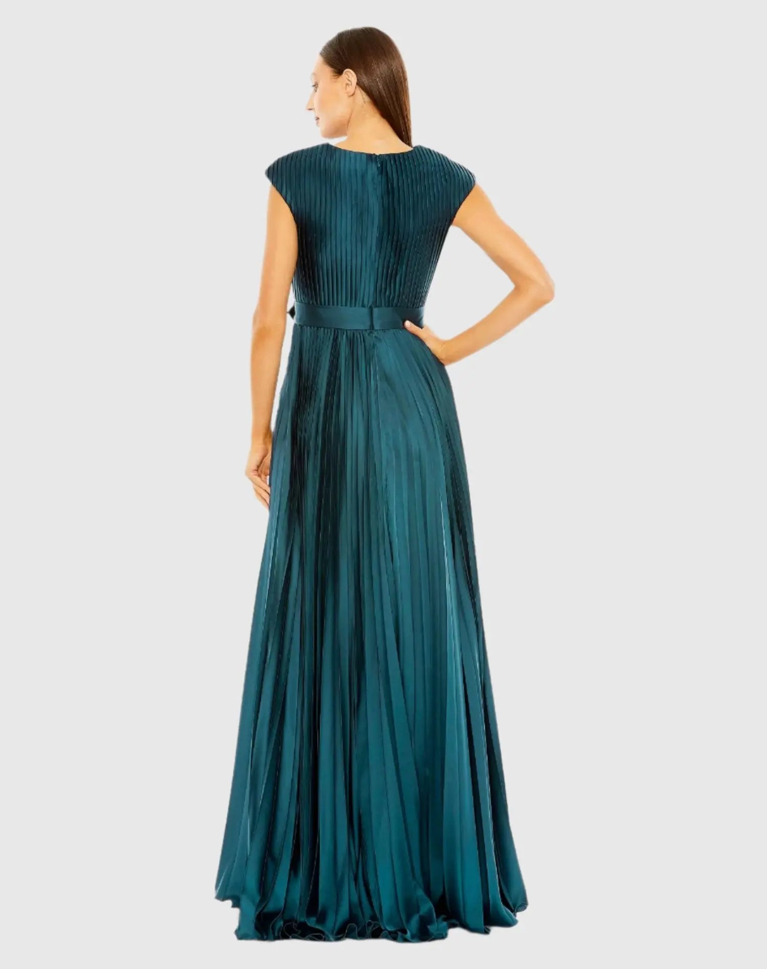 Blue Pleated Plunge Neck Belted A Line Gown-Myartka