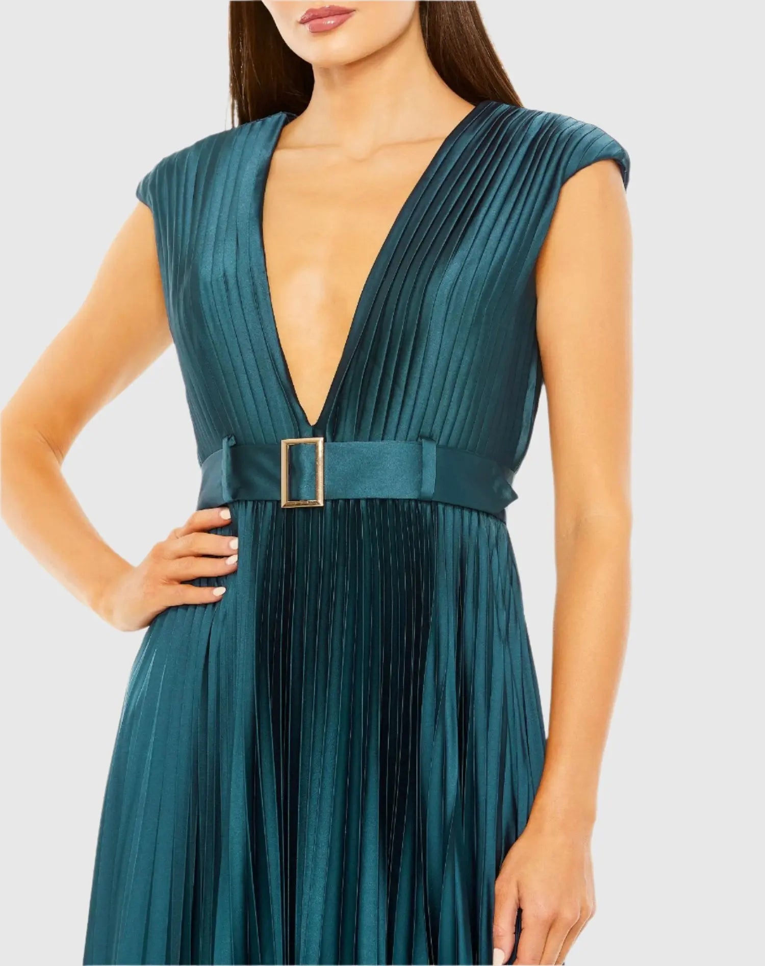 Blue Pleated Plunge Neck Belted A Line Gown-Myartka