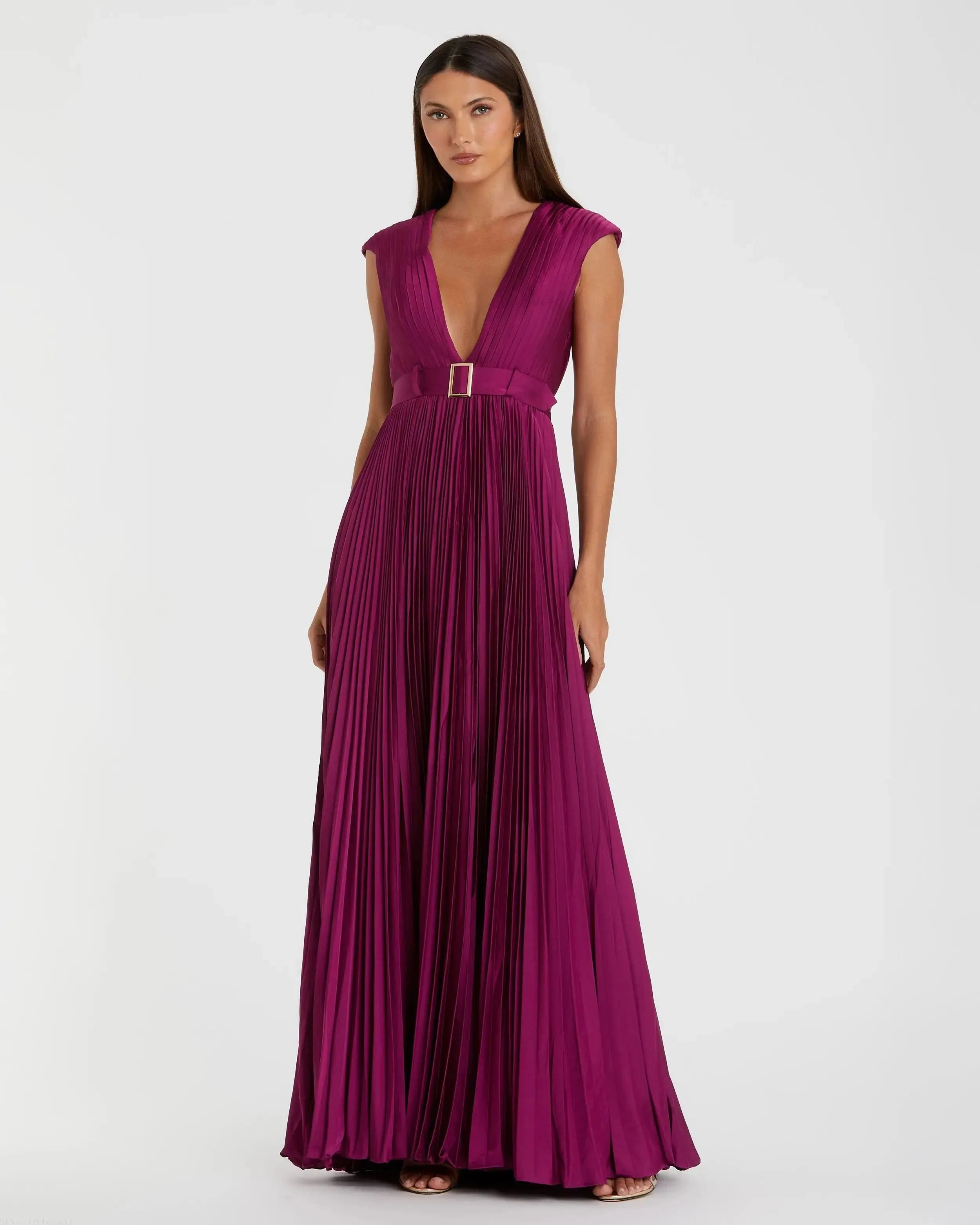 Purple Pleated Plunge Neck Belted A Line Gown-Myartka