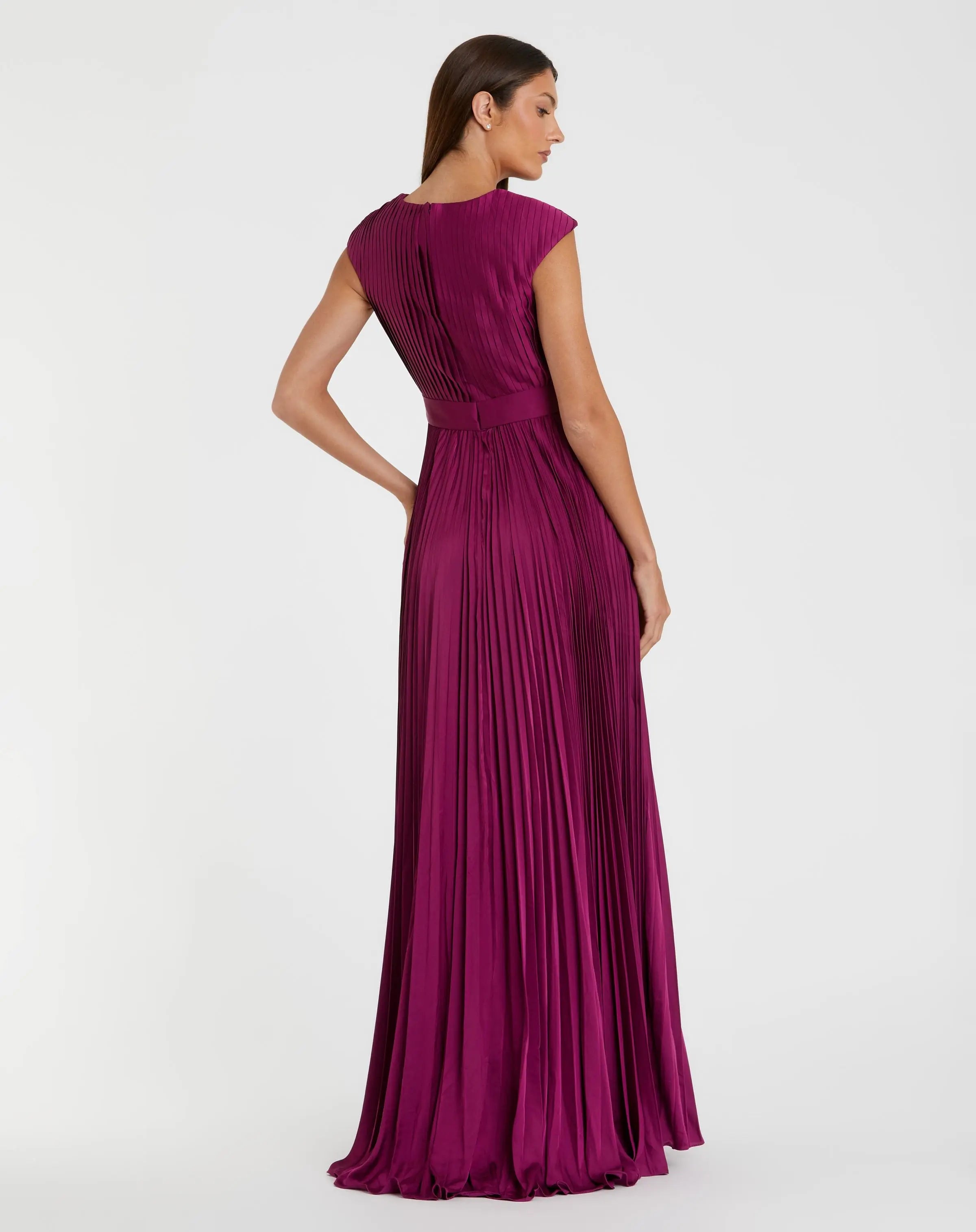 Purple Pleated Plunge Neck Belted A Line Gown-Myartka