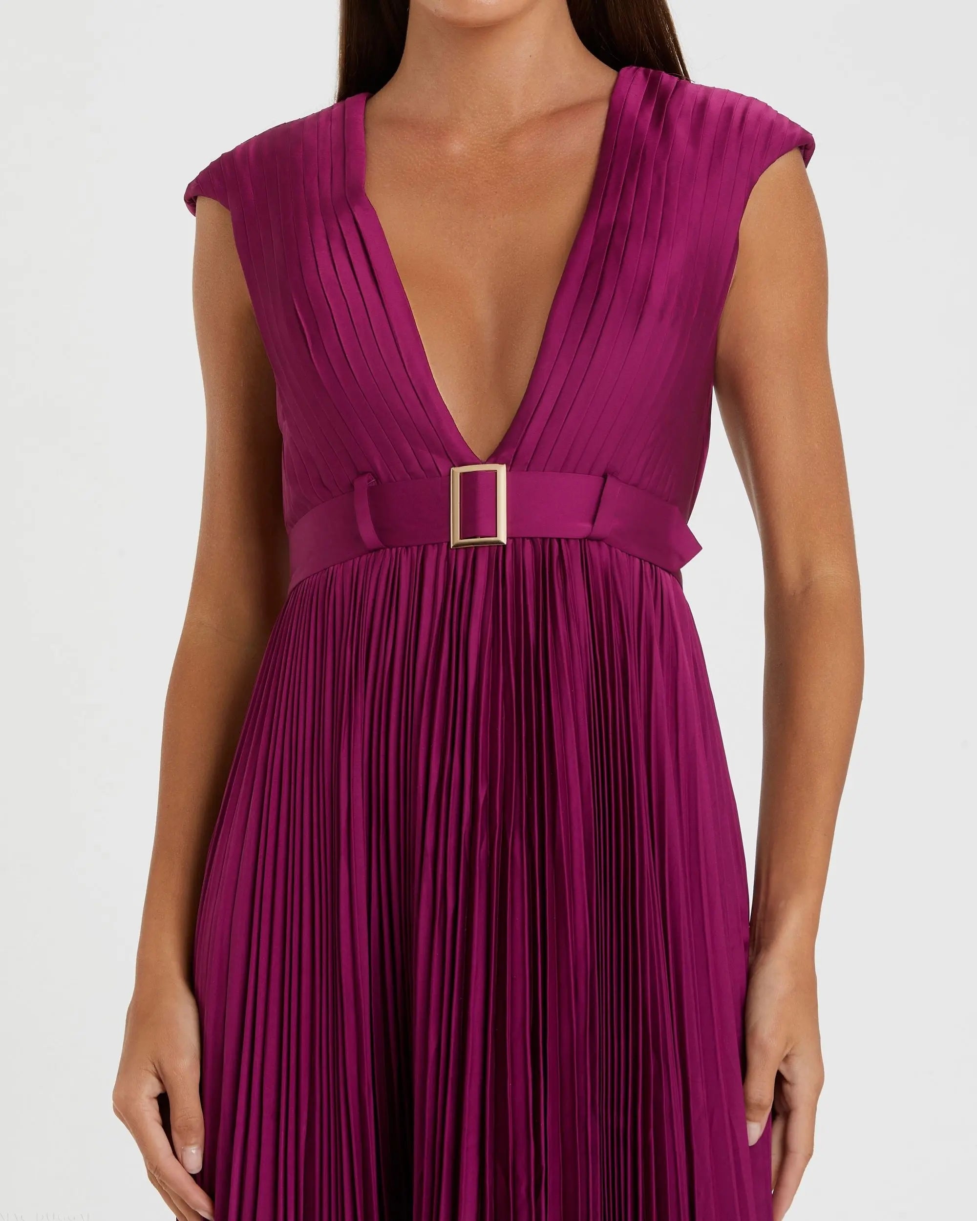Purple Pleated Plunge Neck Belted A Line Gown-Myartka