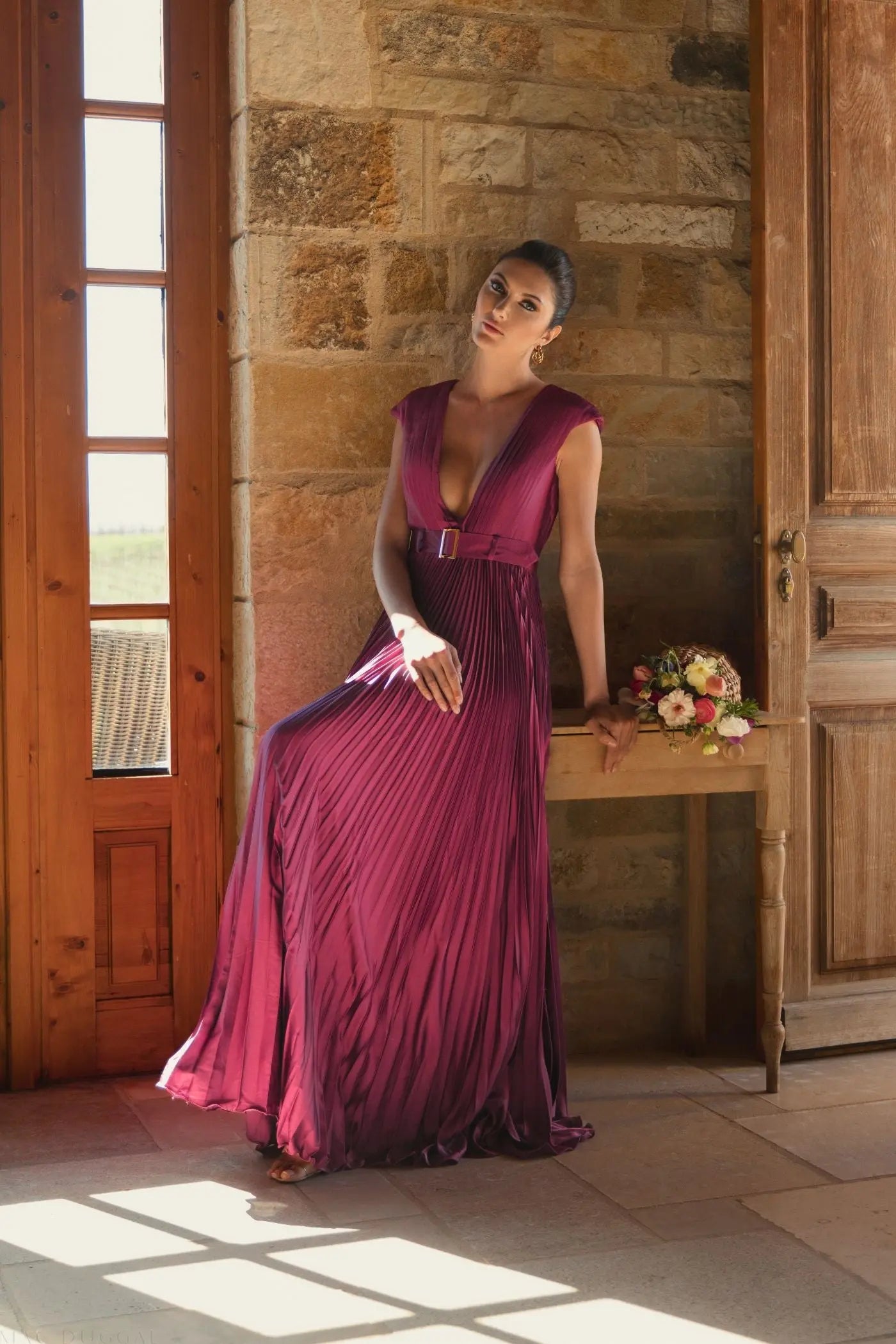 Purple Pleated Plunge Neck Belted A Line Gown-Myartka