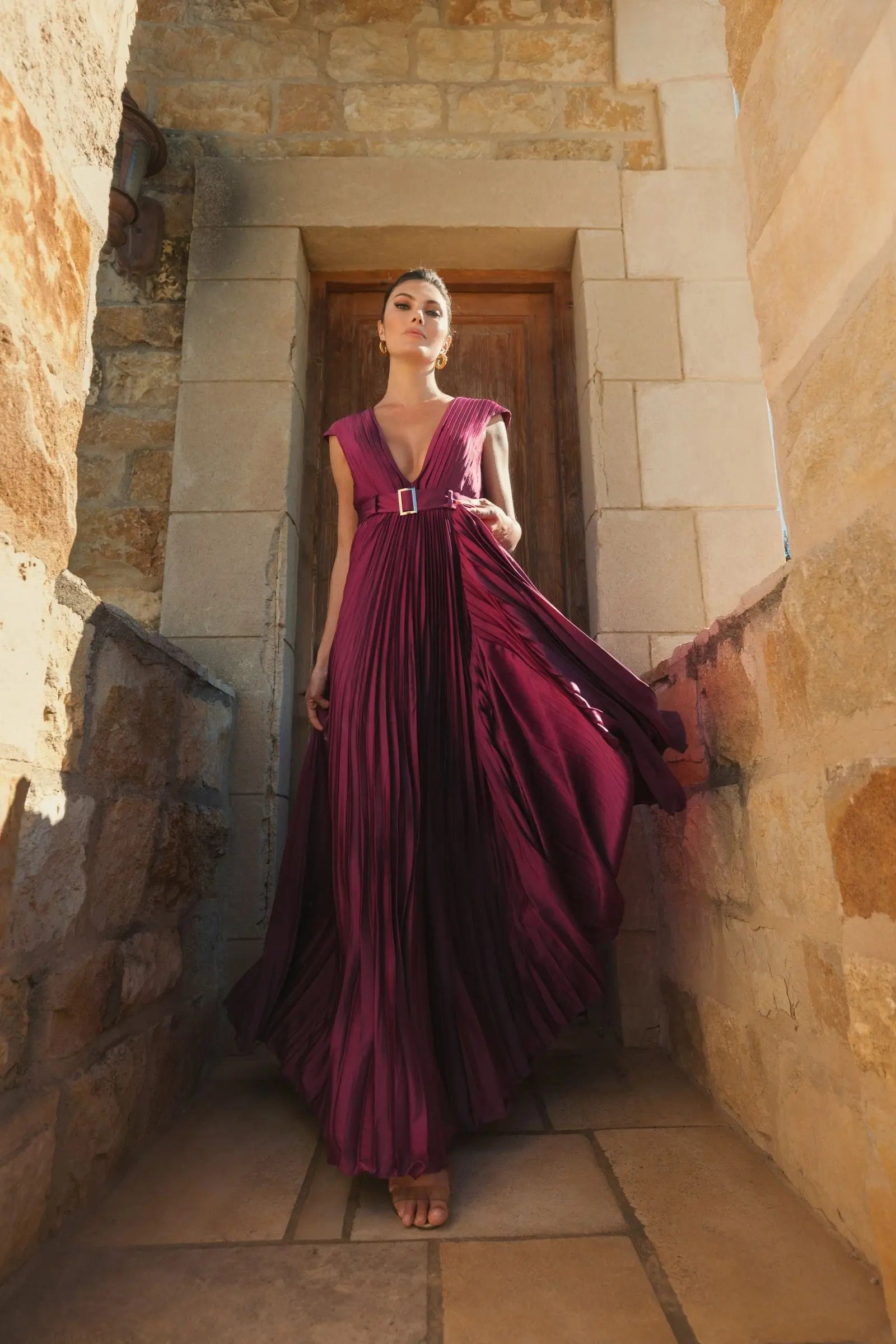 Purple Pleated Plunge Neck Belted A Line Gown-Myartka