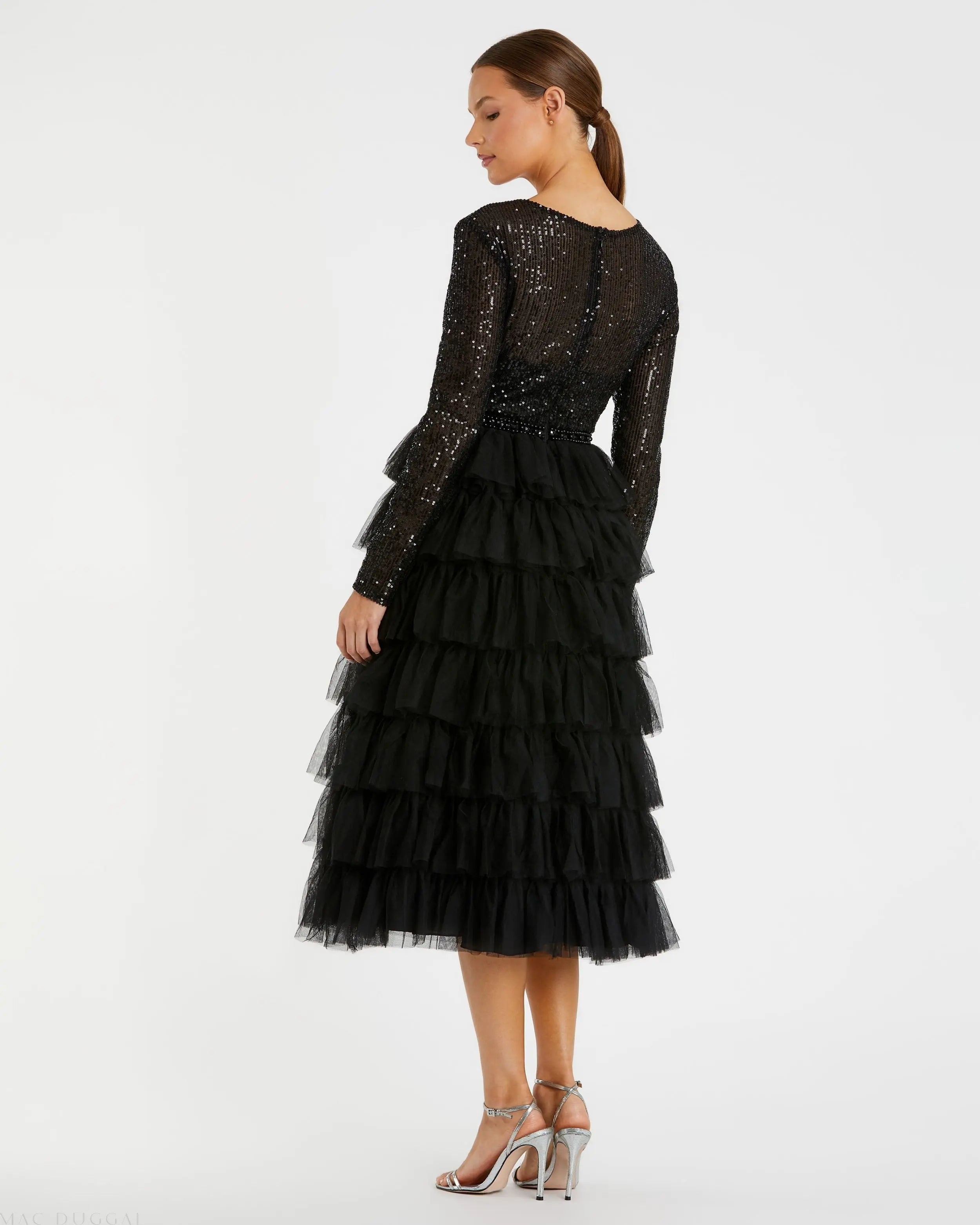 Black Long Sleeve Ruffle Tiered Midi Dress-Myartka