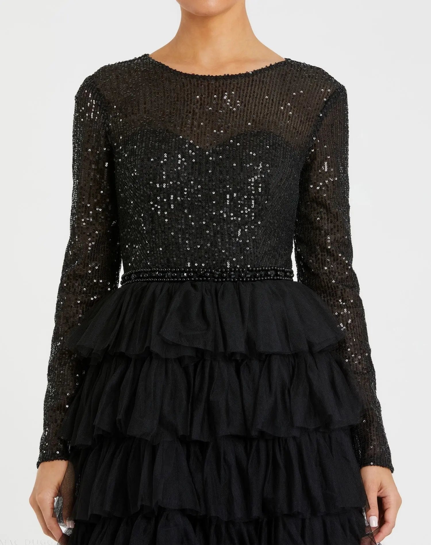 Black Long Sleeve Ruffle Tiered Midi Dress-Myartka