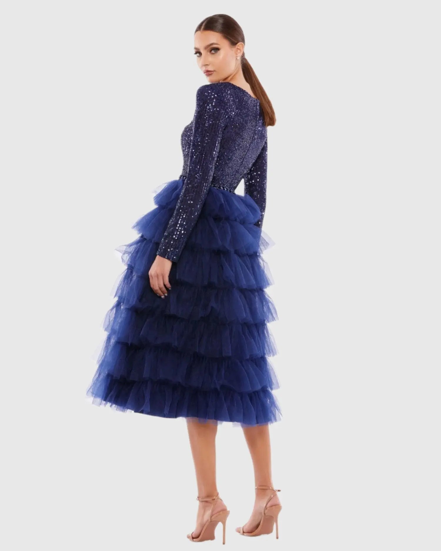 Navy Long Sleeve Ruffle Tiered Midi Dress-Myartka