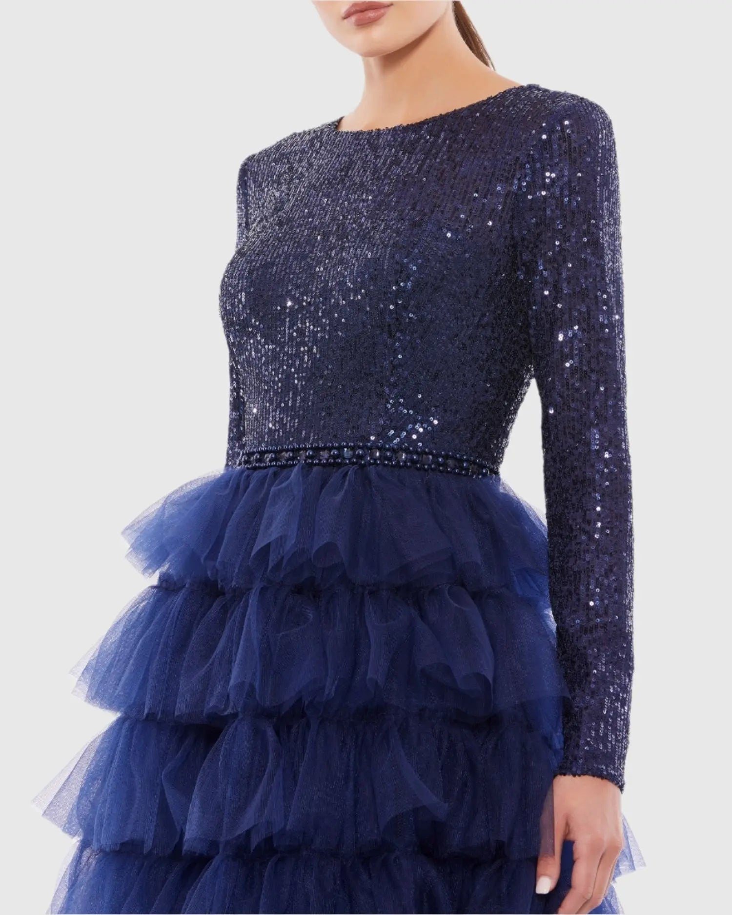 Navy Long Sleeve Ruffle Tiered Midi Dress-Myartka