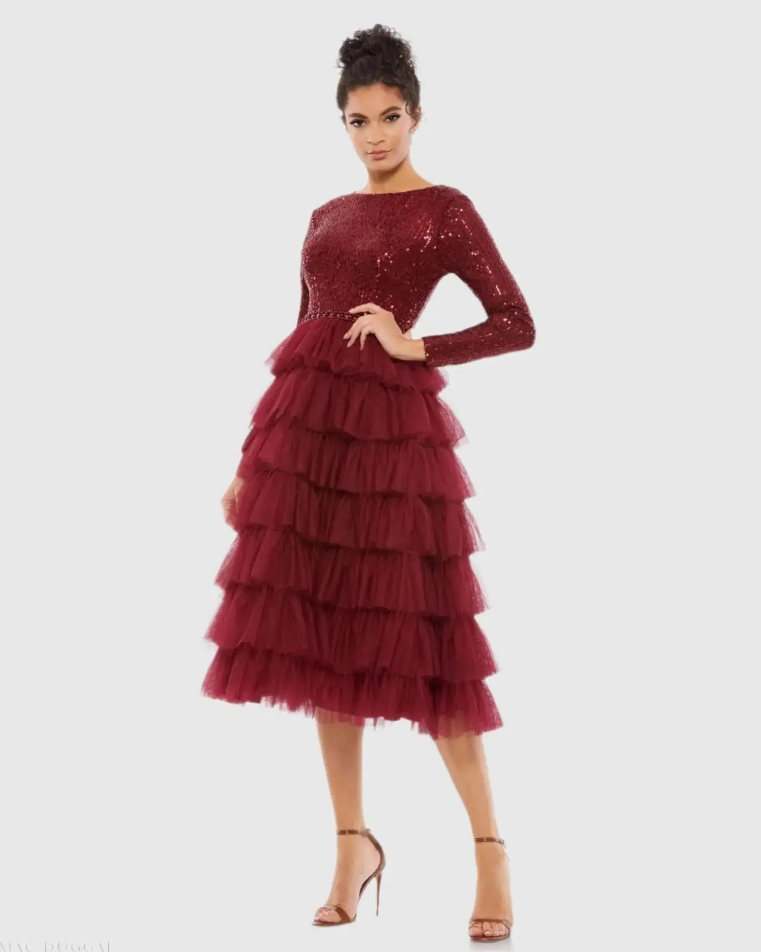 Long Sleeve Ruffle Tiered Midi Dress-Myartka