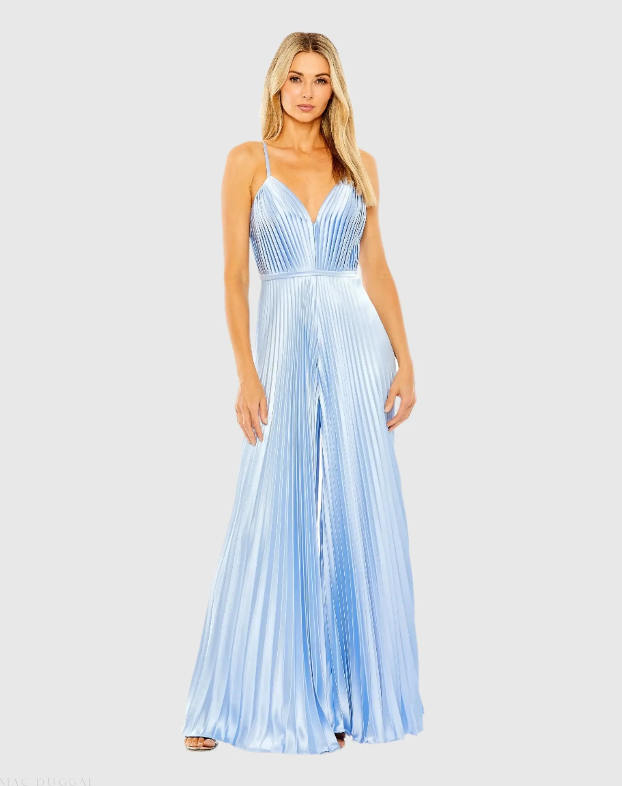 Light Blue Pleated Plunge Neck Wide Leg Jumpsuit-Myartka