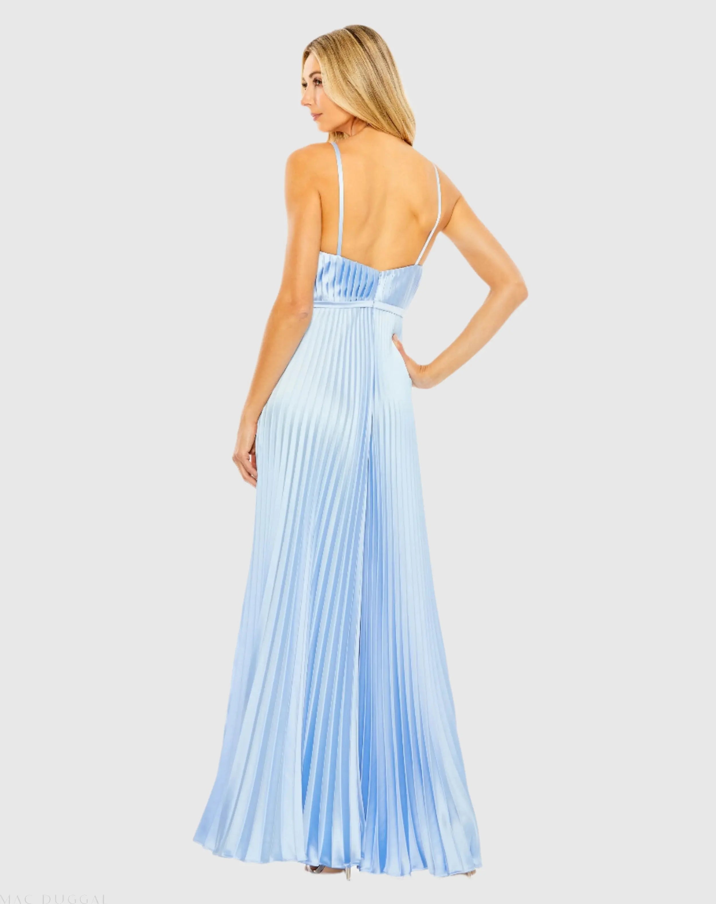 Light Blue Pleated Plunge Neck Wide Leg Jumpsuit-Myartka
