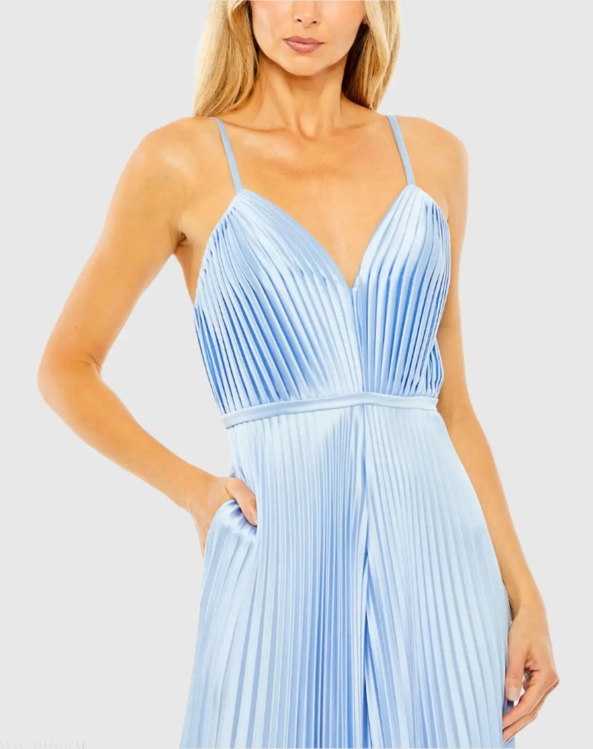 Light Blue Pleated Plunge Neck Wide Leg Jumpsuit-Myartka