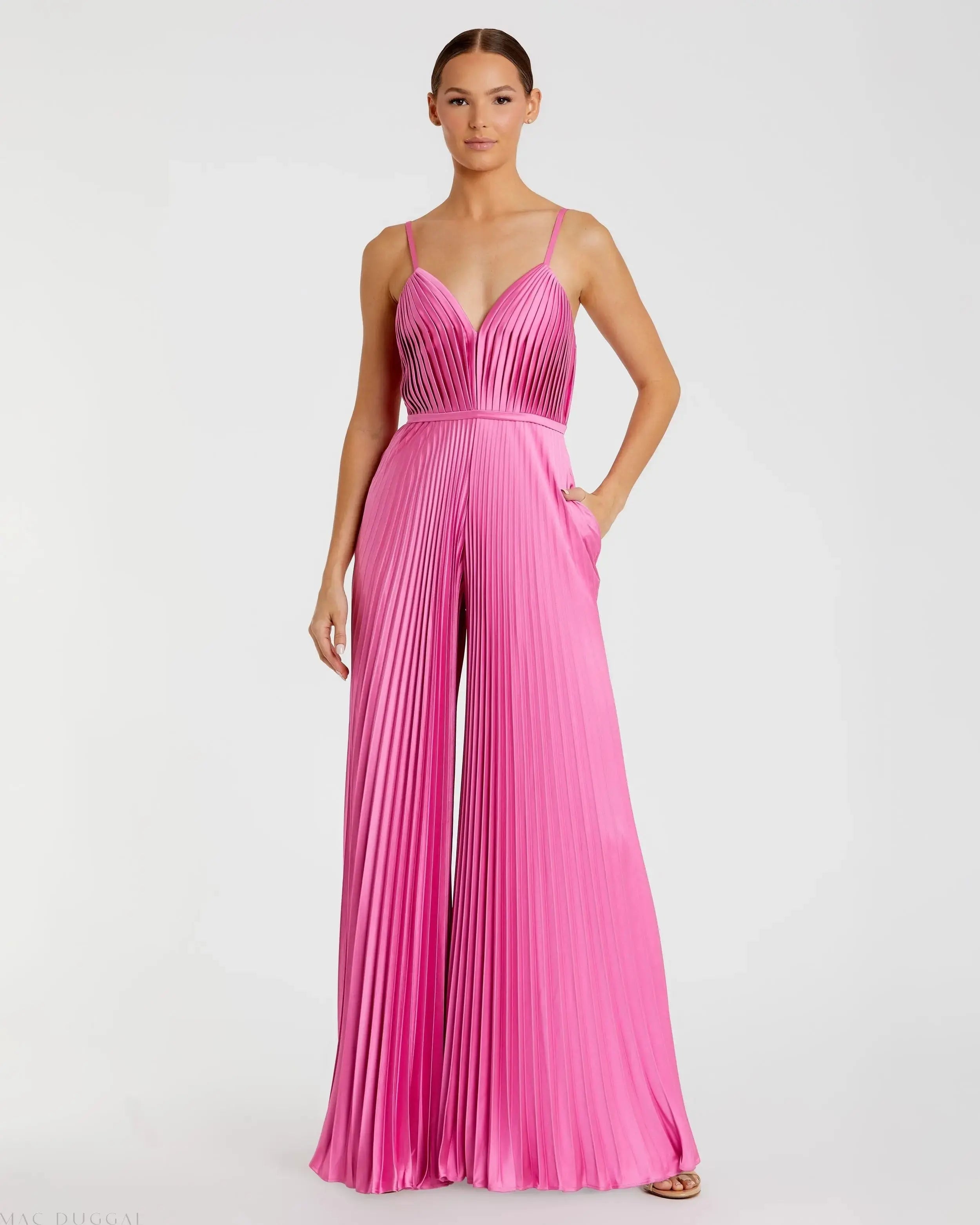 Pink Pleated Plunge Neck Wide Leg Jumpsuit-Myartka