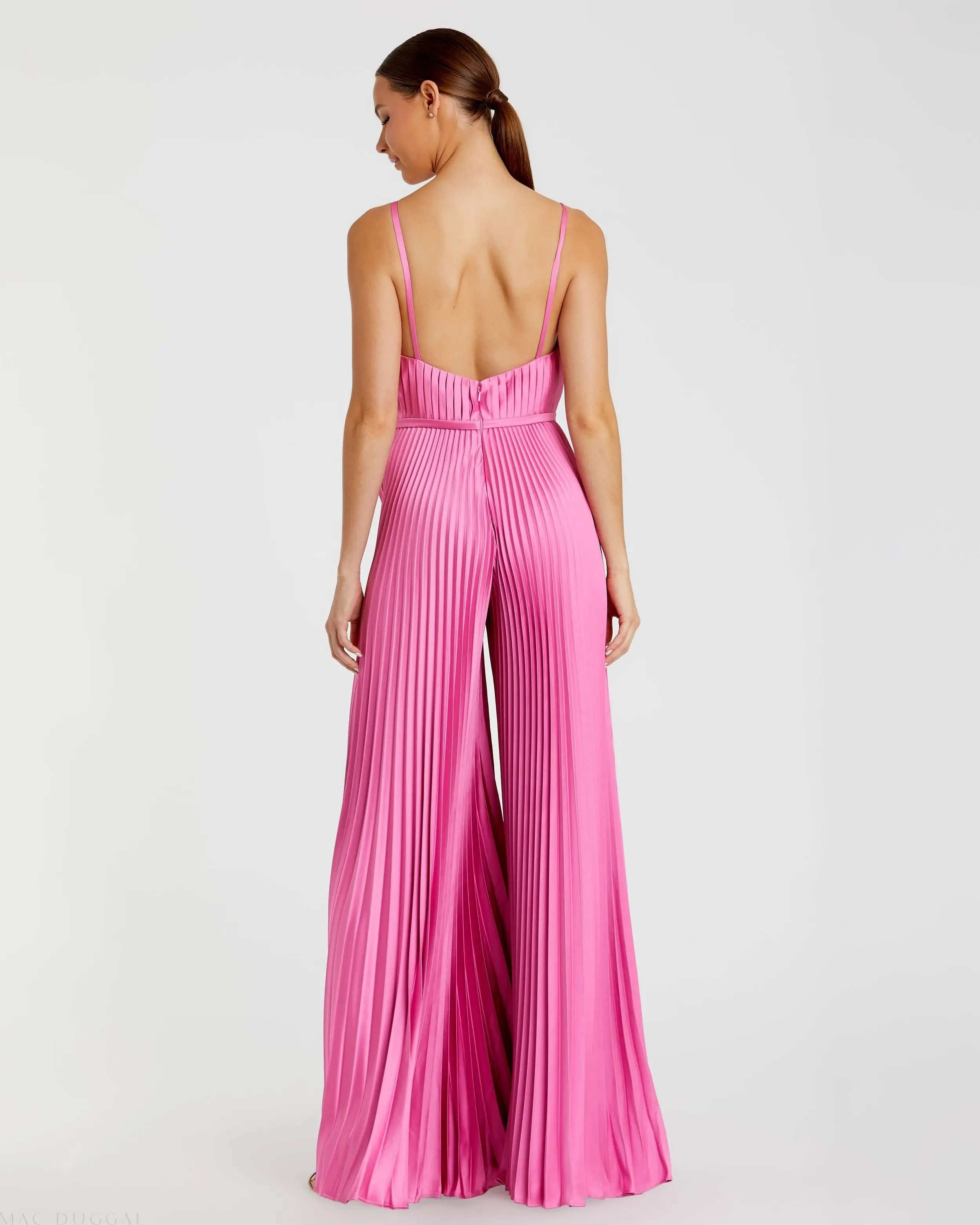 Pink Pleated Plunge Neck Wide Leg Jumpsuit-Myartka