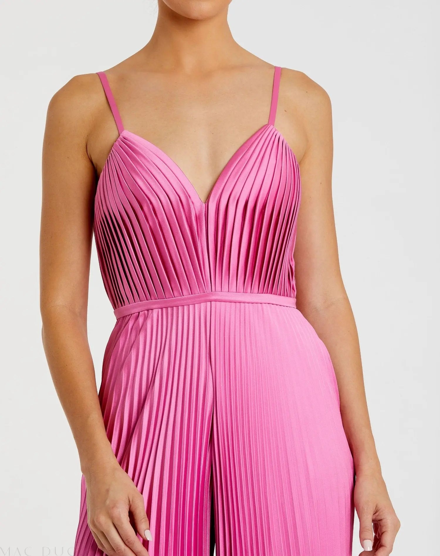 Pink Pleated Plunge Neck Wide Leg Jumpsuit-Myartka
