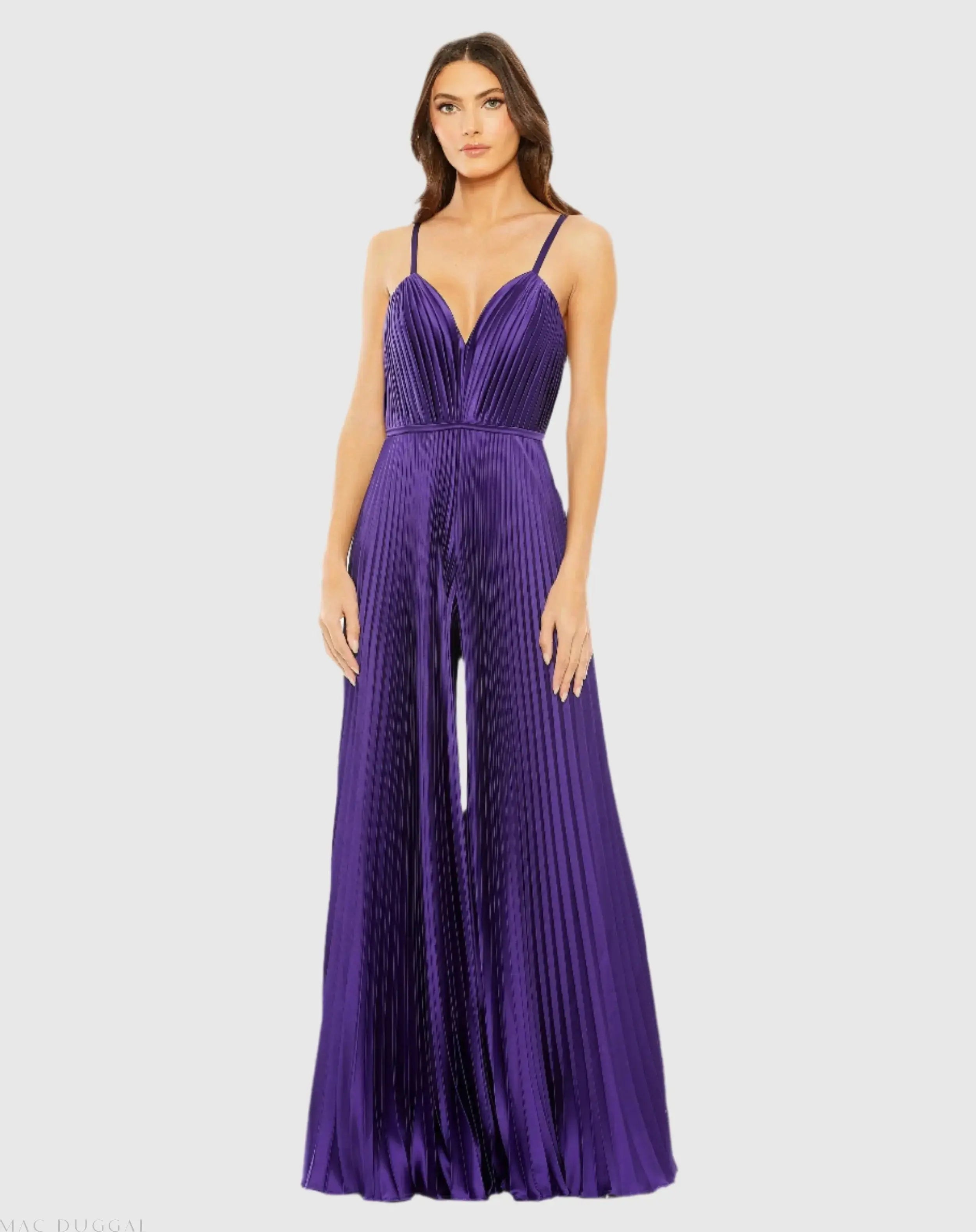 Purple Pleated Plunge Neck Wide Leg Jumpsuit-Myartka