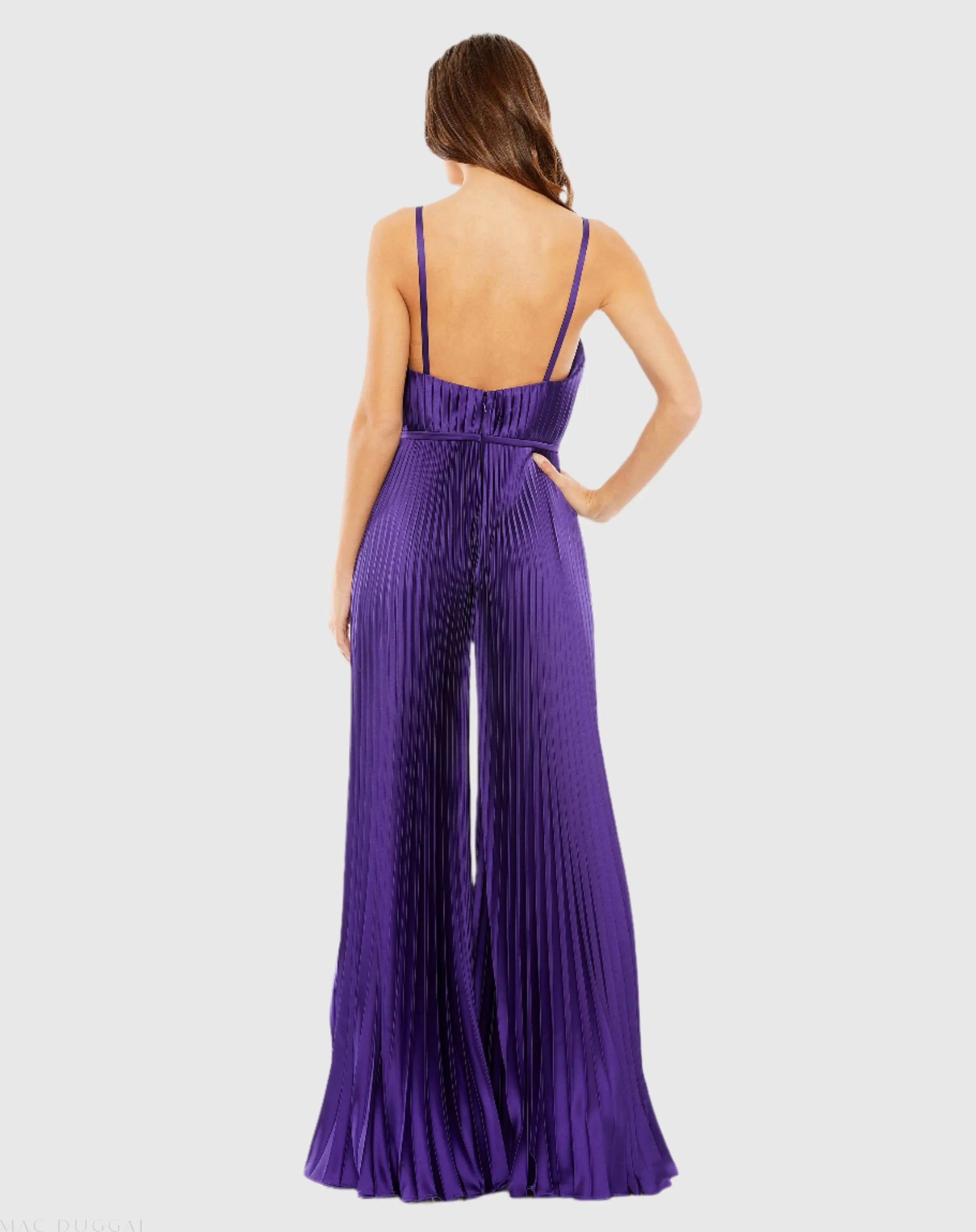 Purple Pleated Plunge Neck Wide Leg Jumpsuit-Myartka