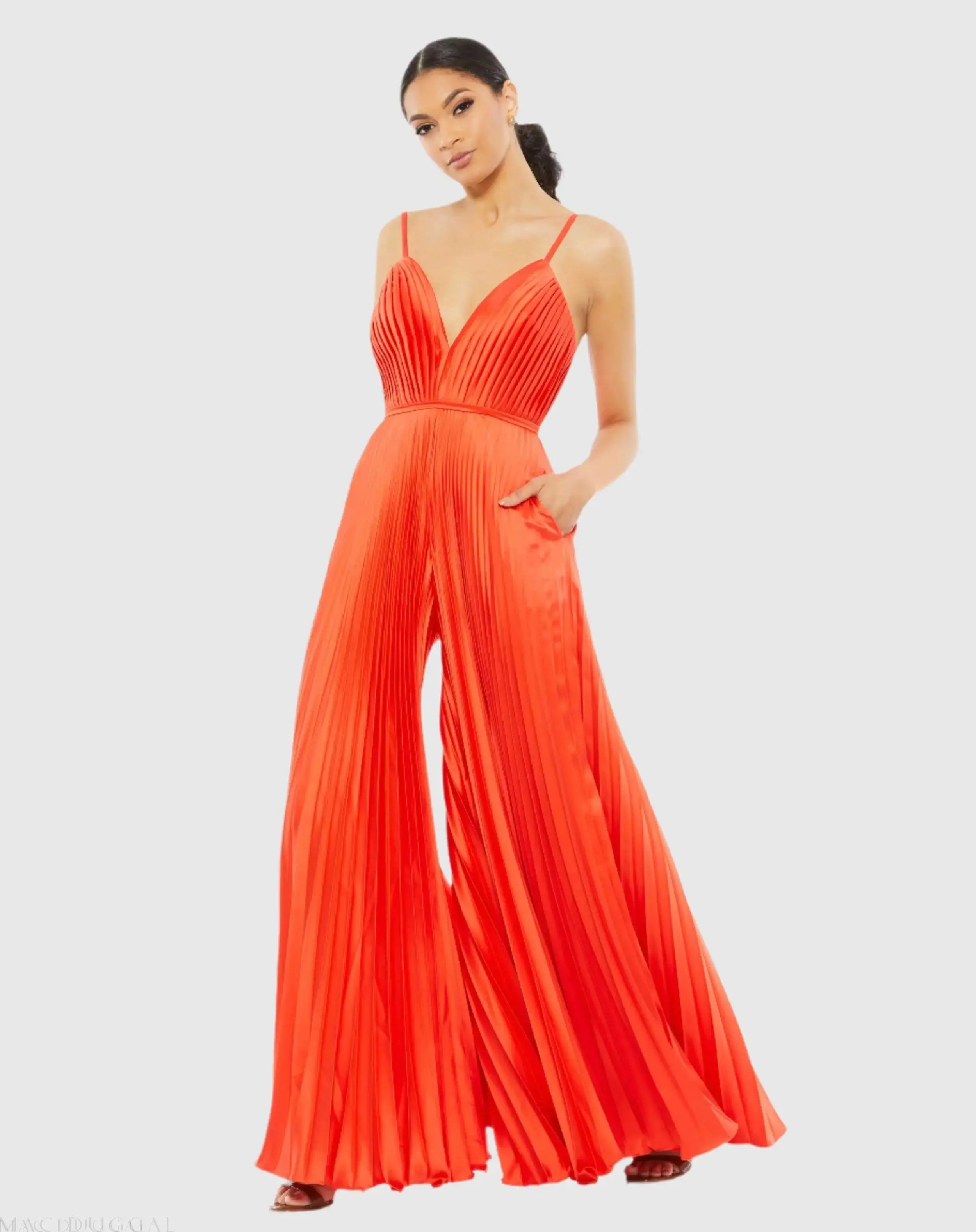 Orange Pleated Plunge Neck Wide Leg Jumpsuit-Myartka