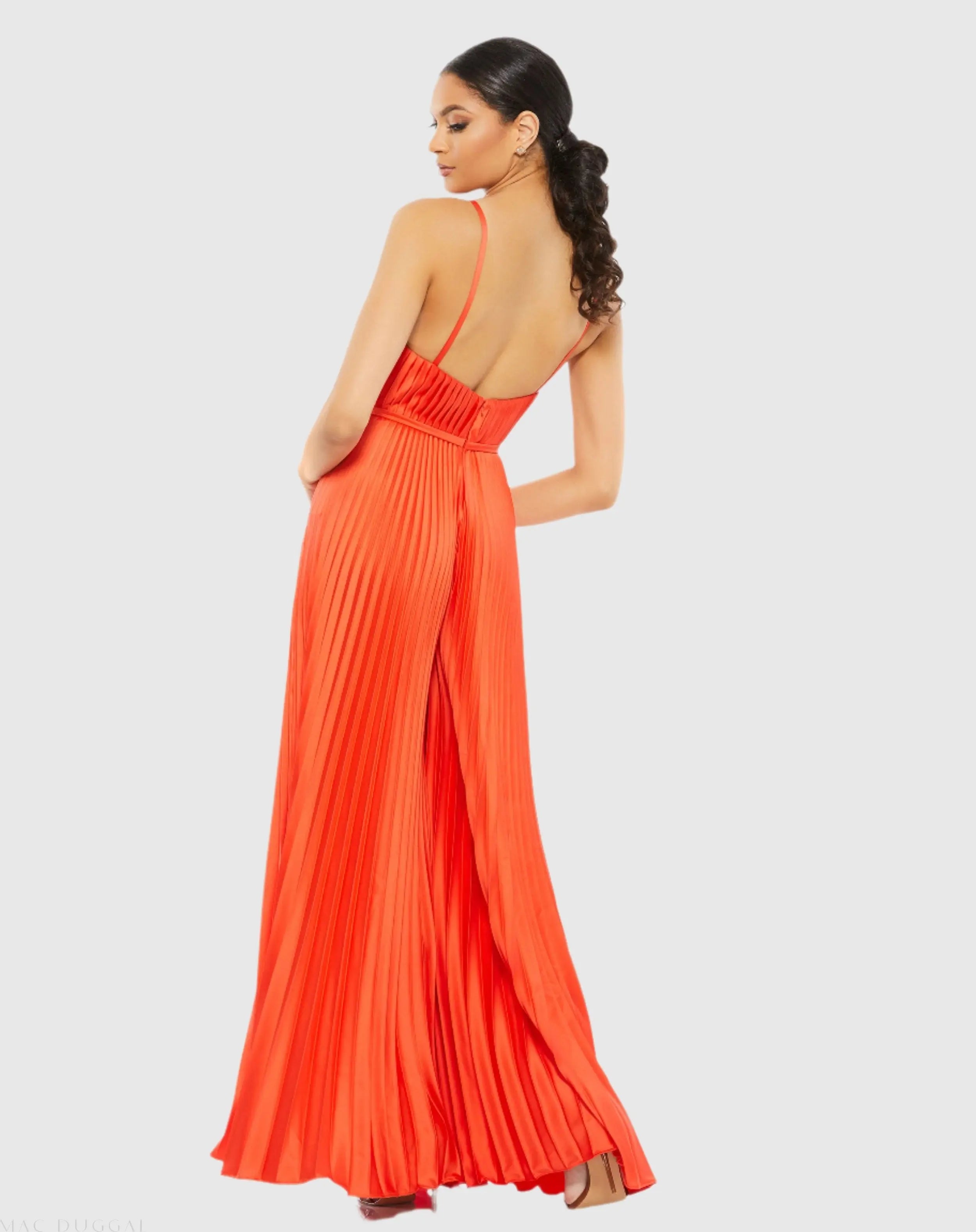 Orange Pleated Plunge Neck Wide Leg Jumpsuit-Myartka