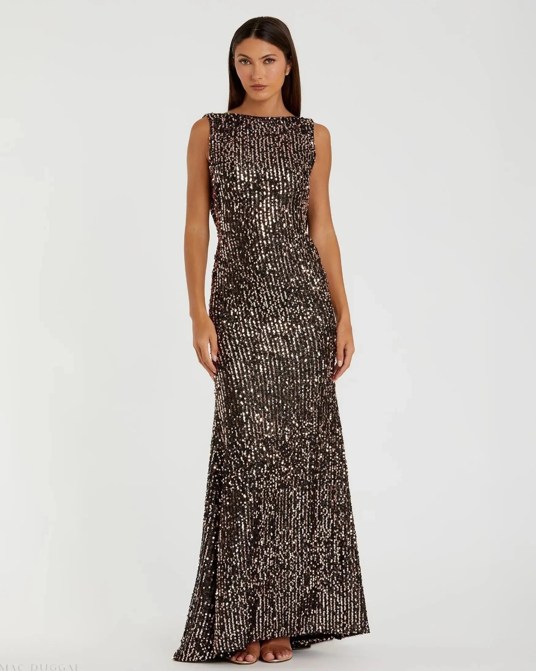 Cowl Back Boat Neck Sequined Evening Gown-Myartka