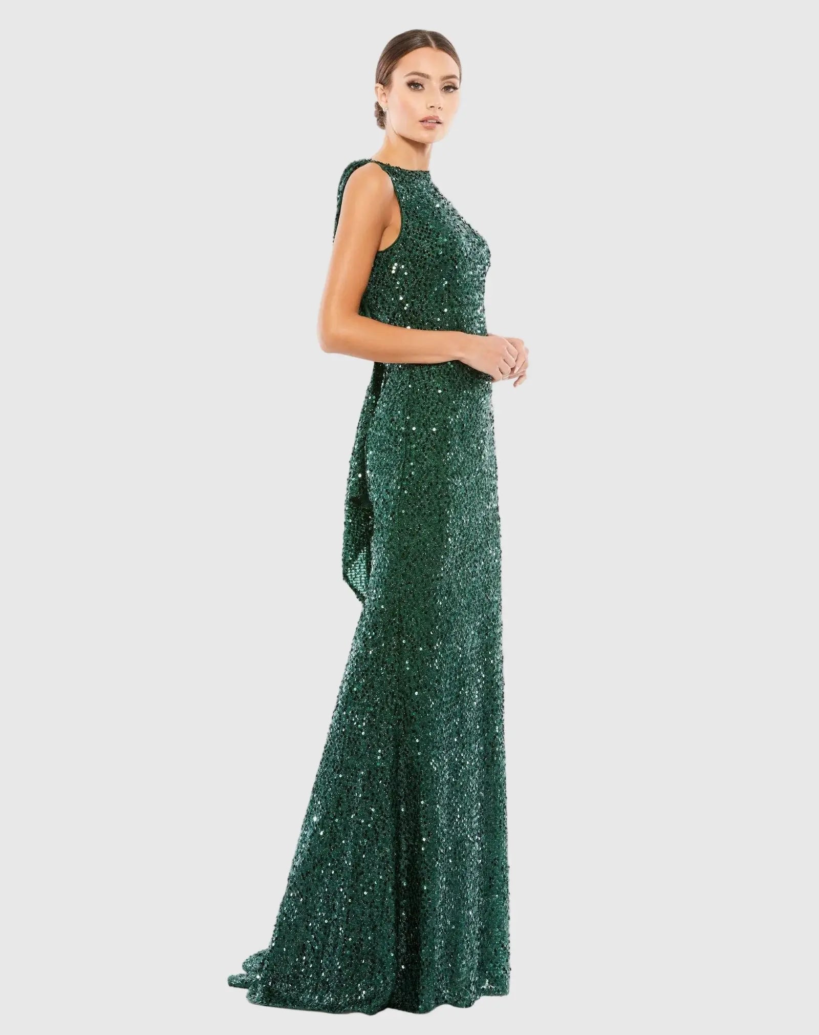 Green Cowl Back Boat Neck Sequined Evening Gown-Myartka