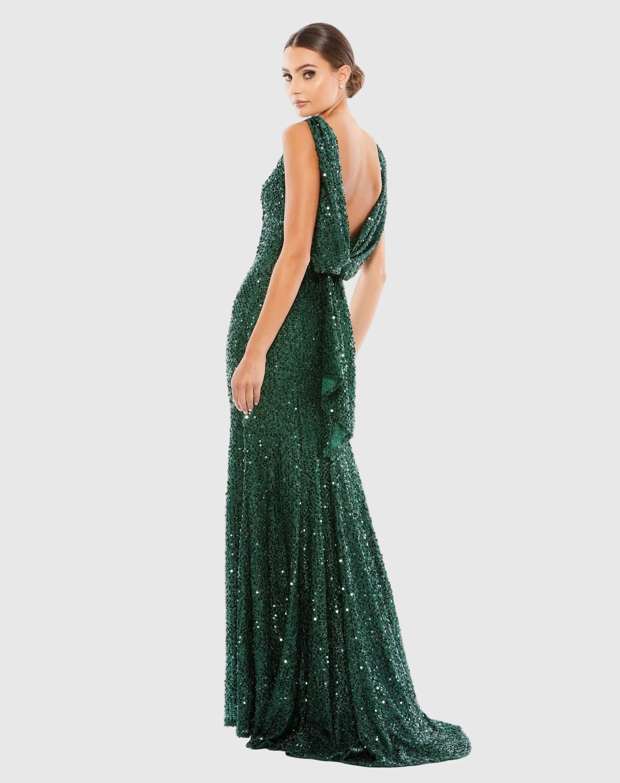 Green Cowl Back Boat Neck Sequined Evening Gown-Myartka