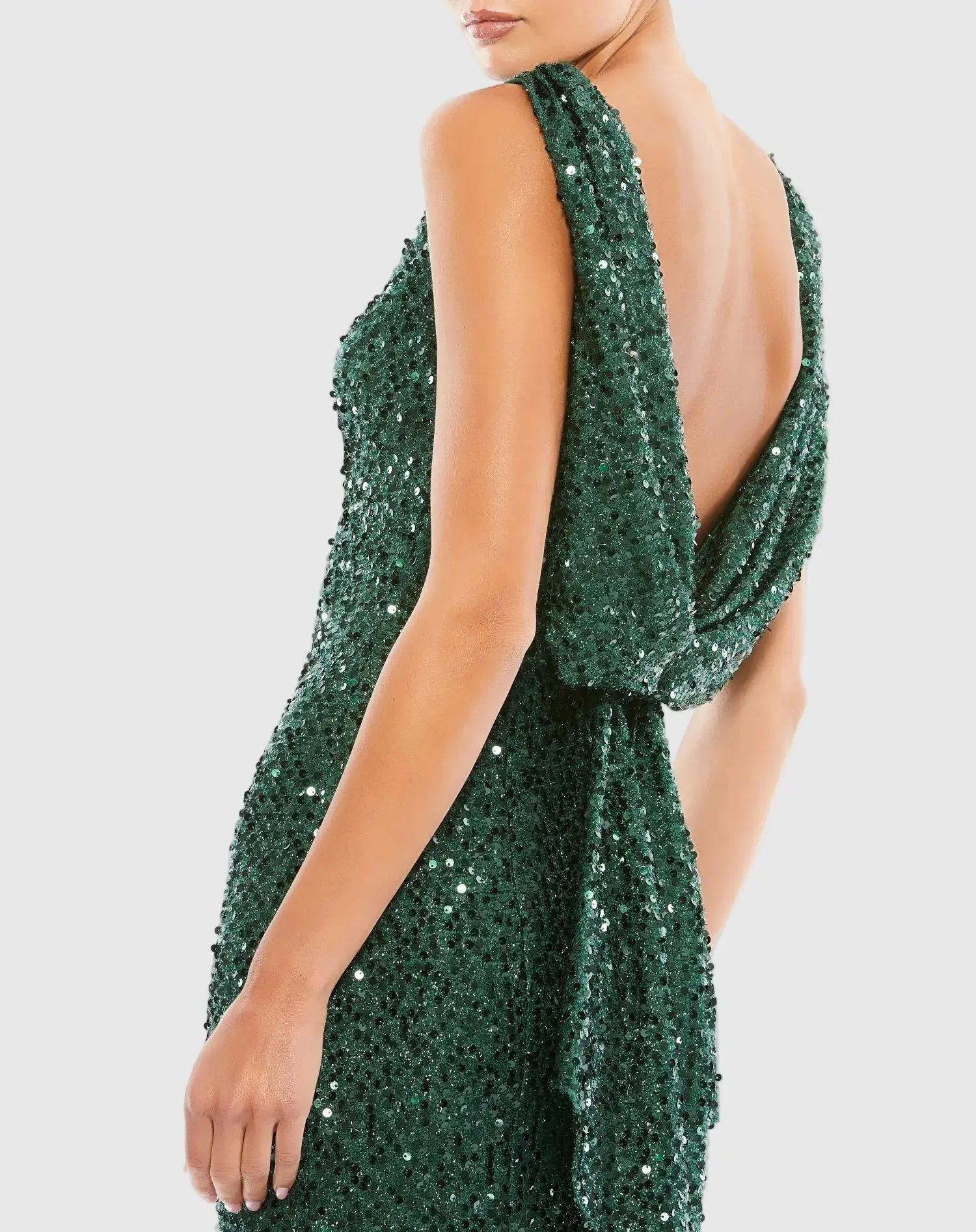 Green Cowl Back Boat Neck Sequined Evening Gown-Myartka
