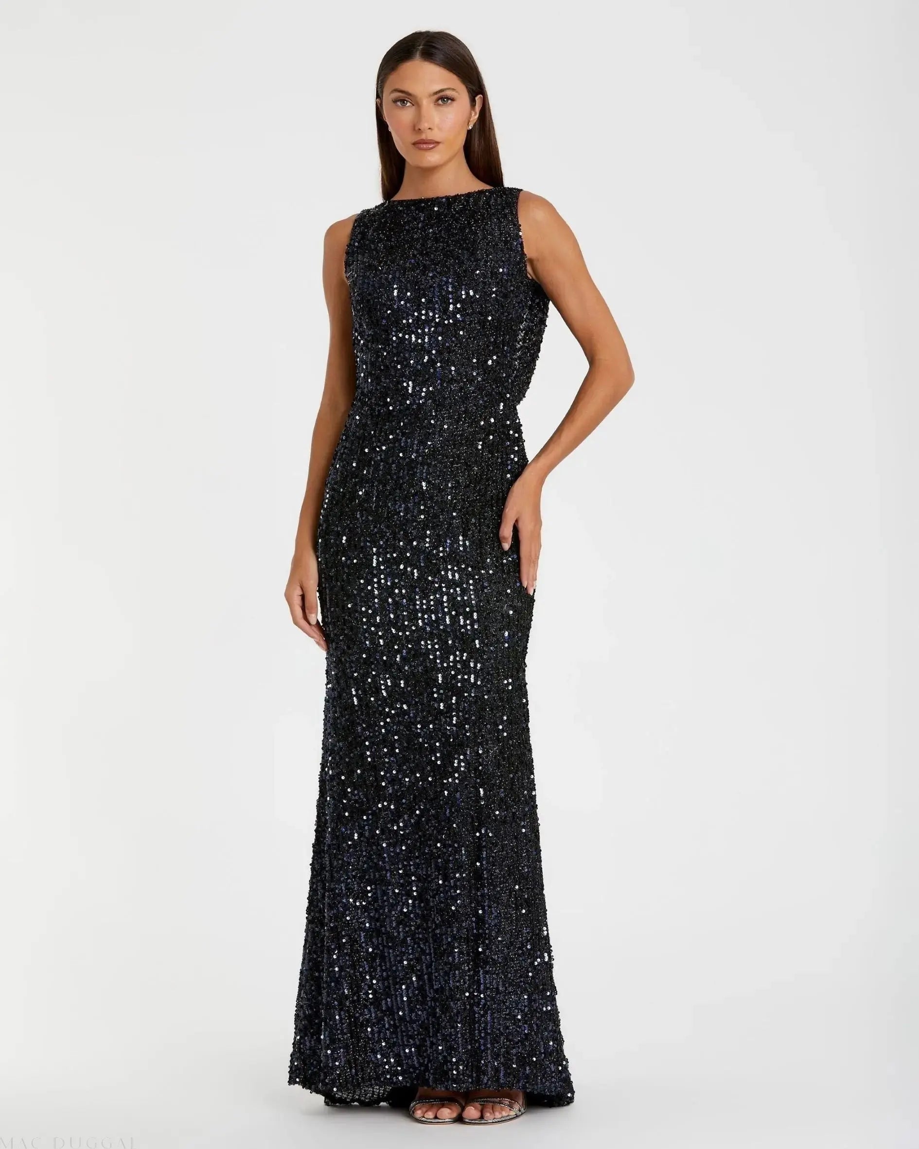 Navy Cowl Back Boat Neck Sequined Evening Gown-Myartka