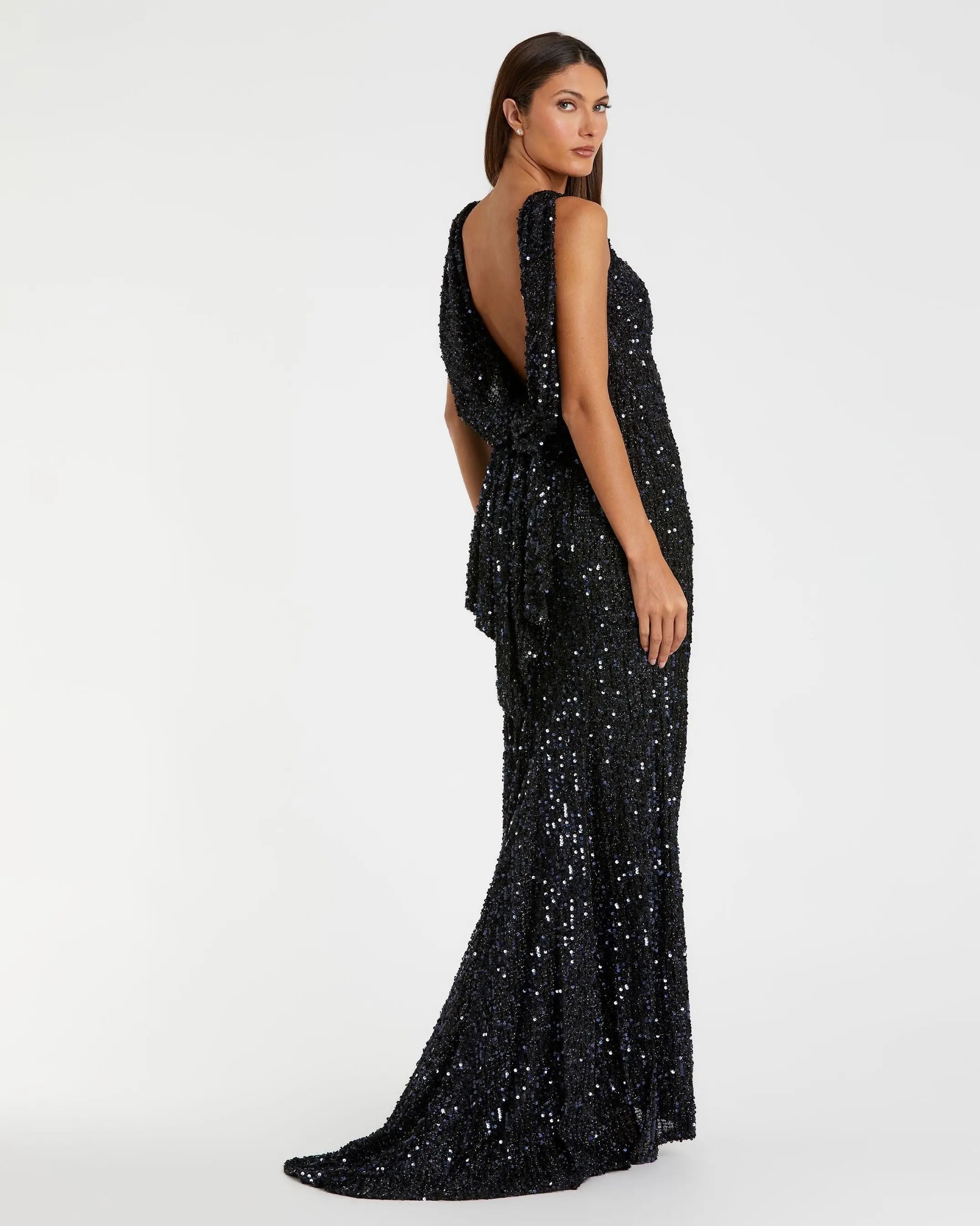 Navy Cowl Back Boat Neck Sequined Evening Gown-Myartka
