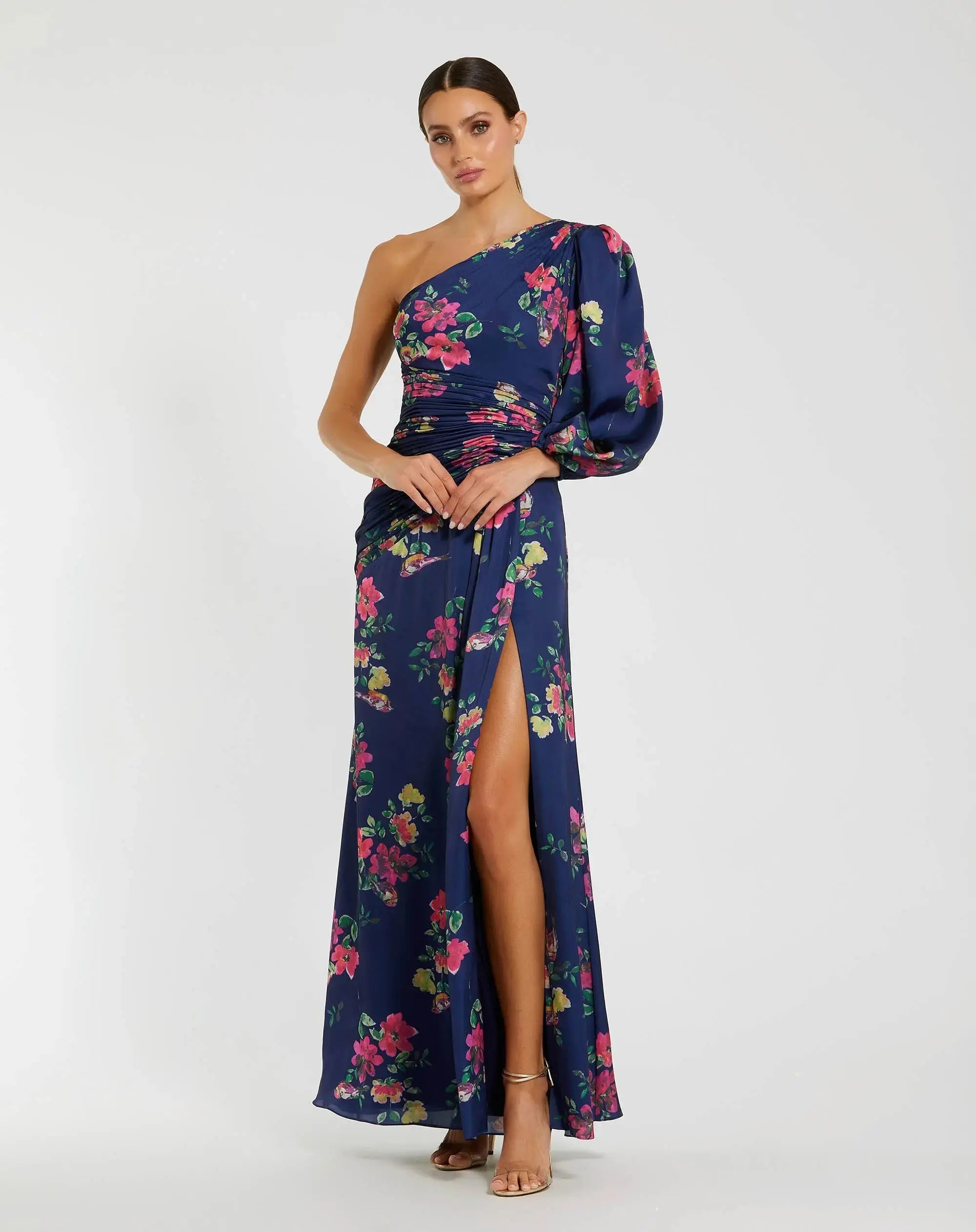 Navy One Sleeve Floral Print Charmeuse Gown With Slit-Myartka