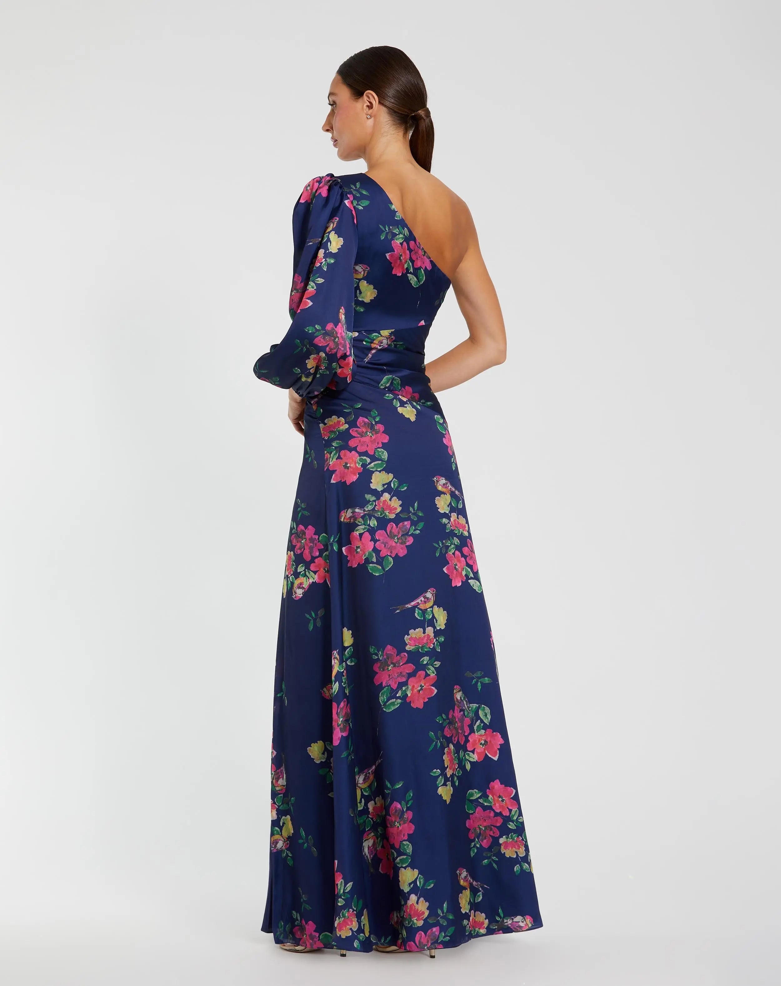 Navy One Sleeve Floral Print Charmeuse Gown With Slit-Myartka